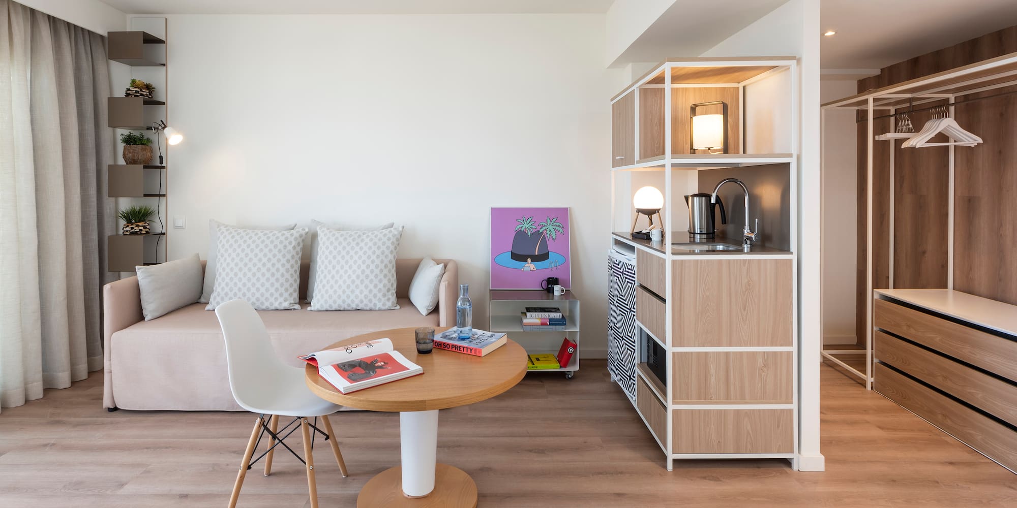 a living room with a couch and a table