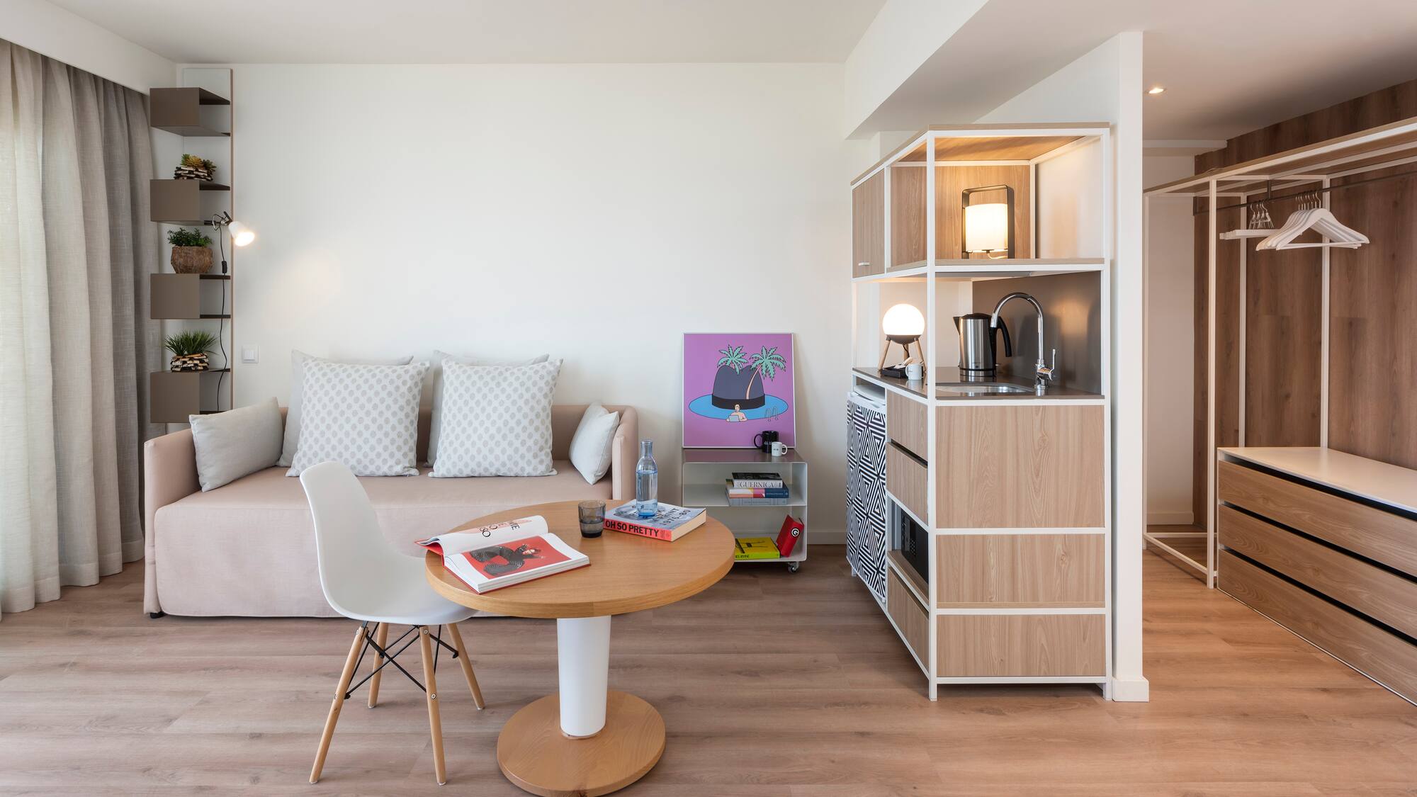 a living room with a couch and a table