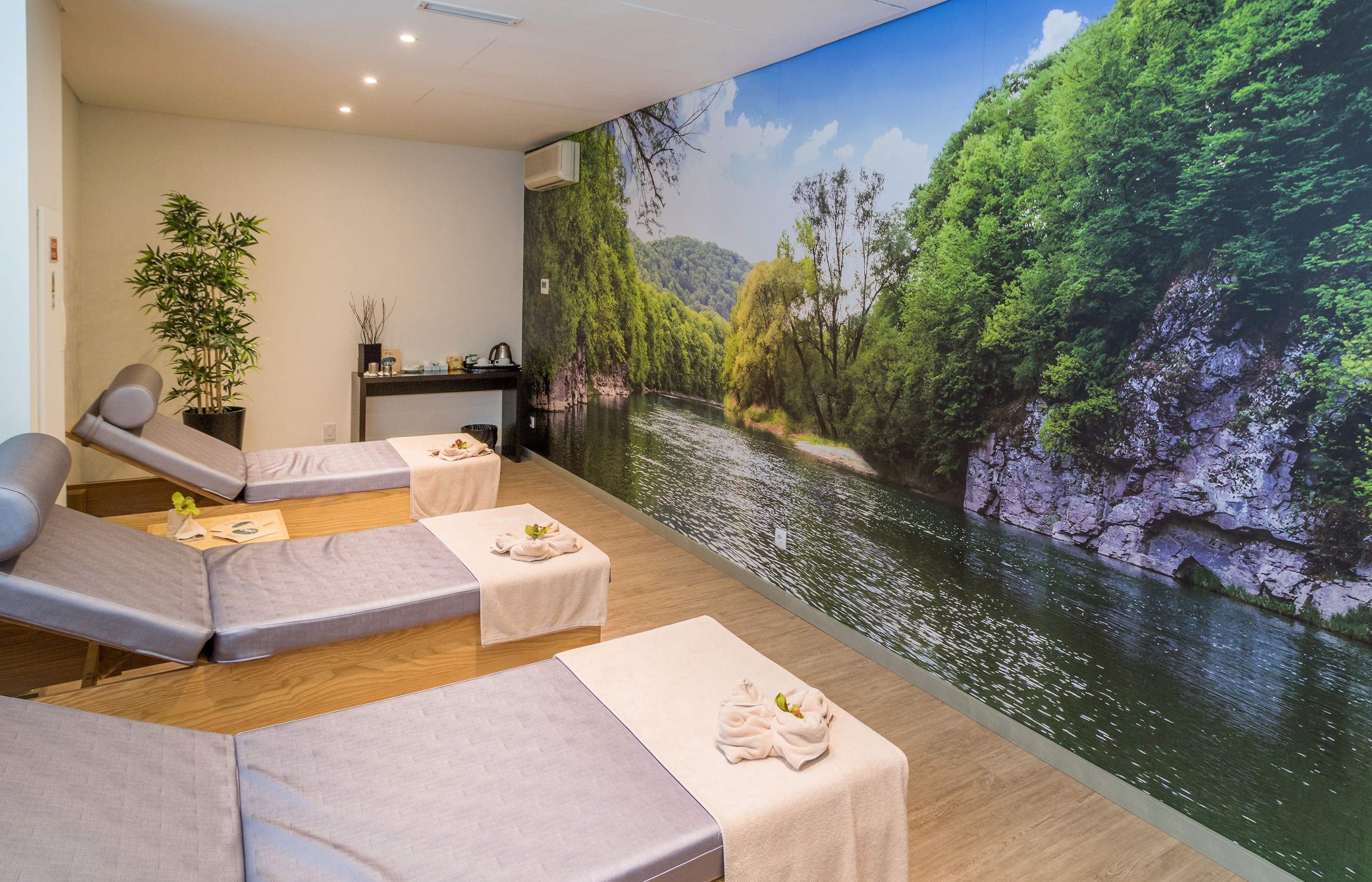 a room with beds and a mural on the wall