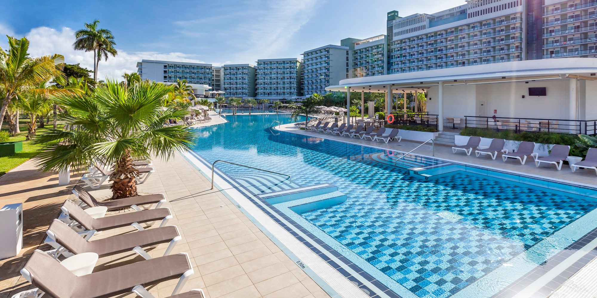 a pool with lounge chairs and palm trees
