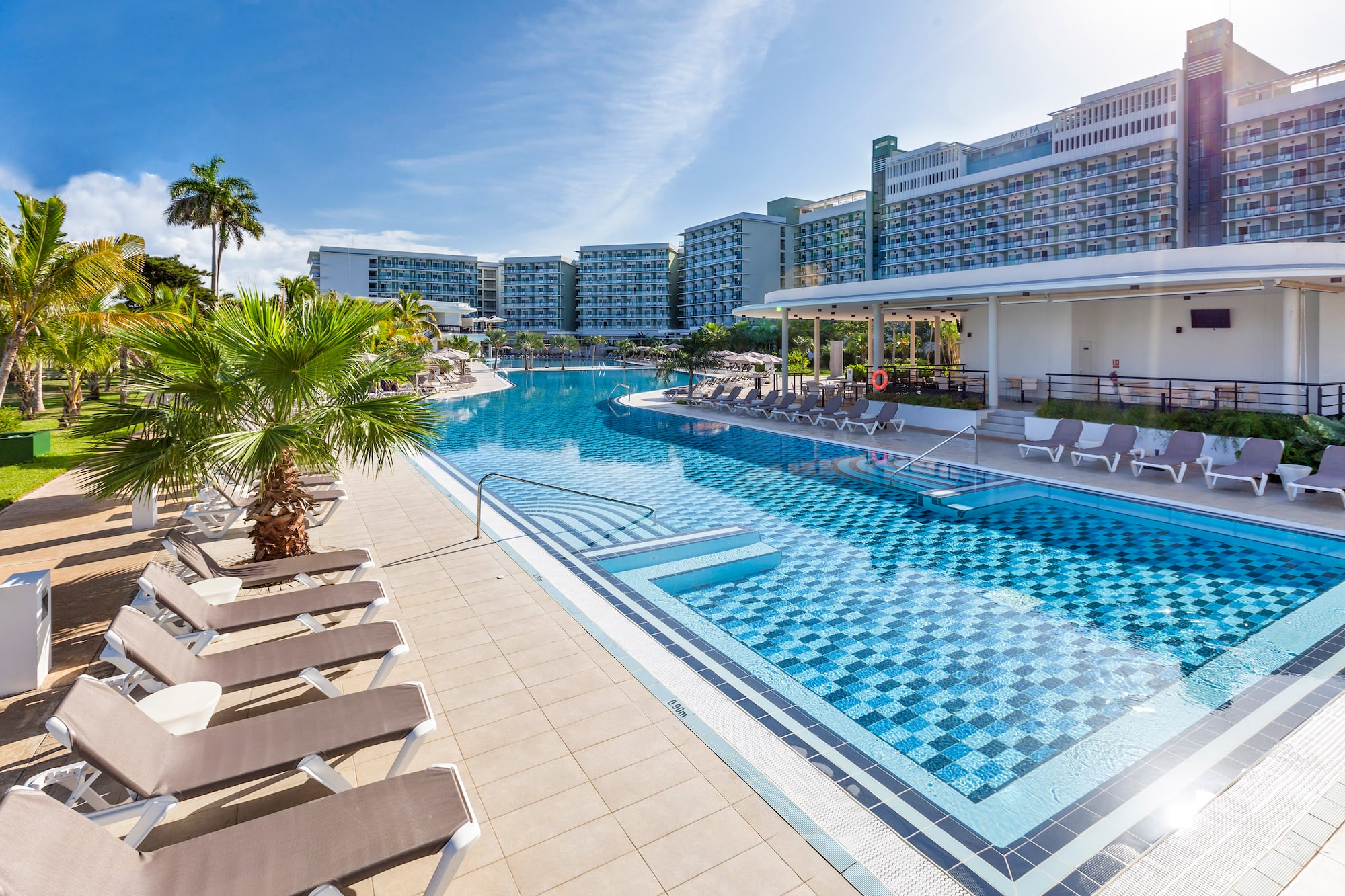 a pool with lounge chairs and palm trees
