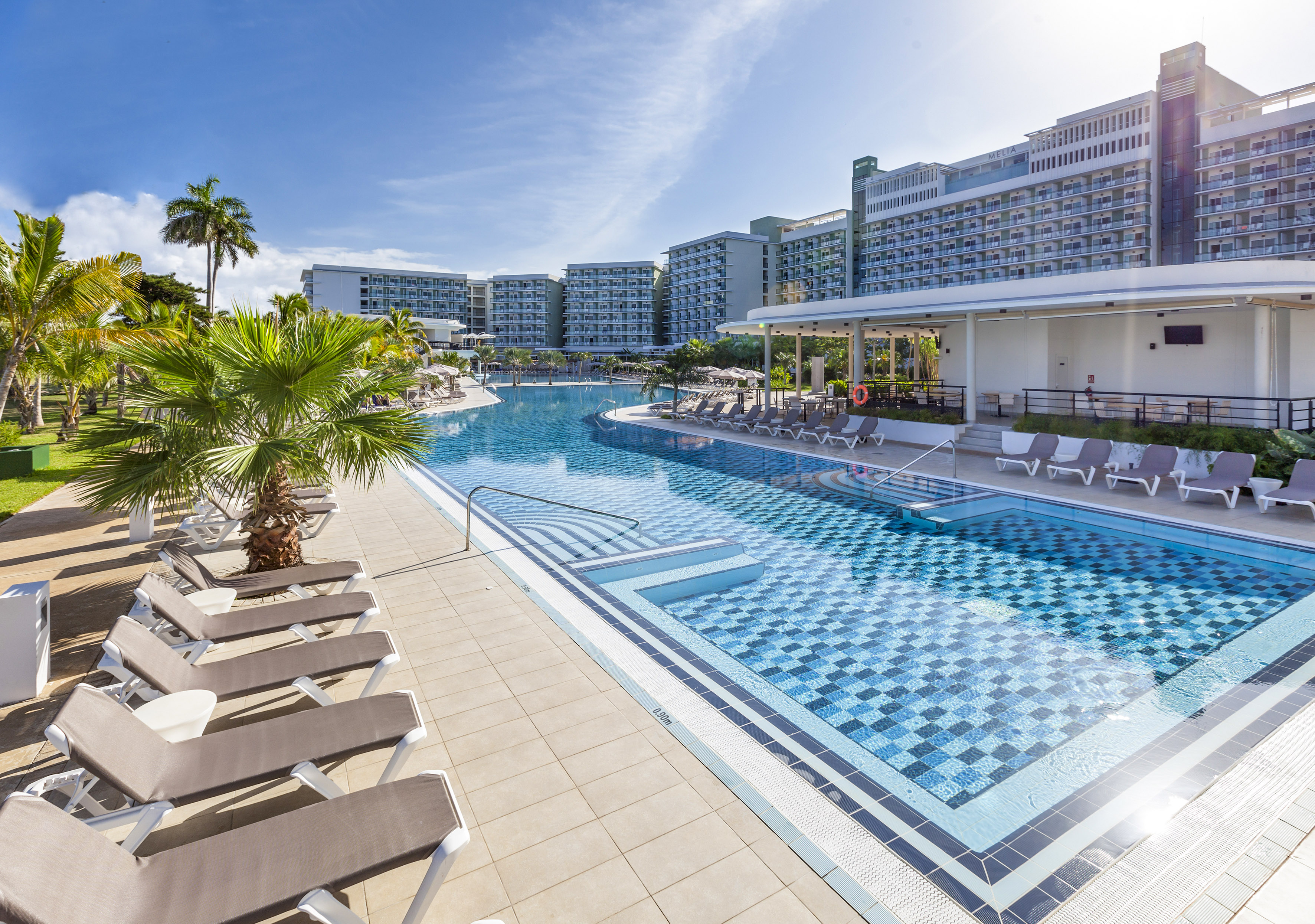 a pool with lounge chairs and palm trees