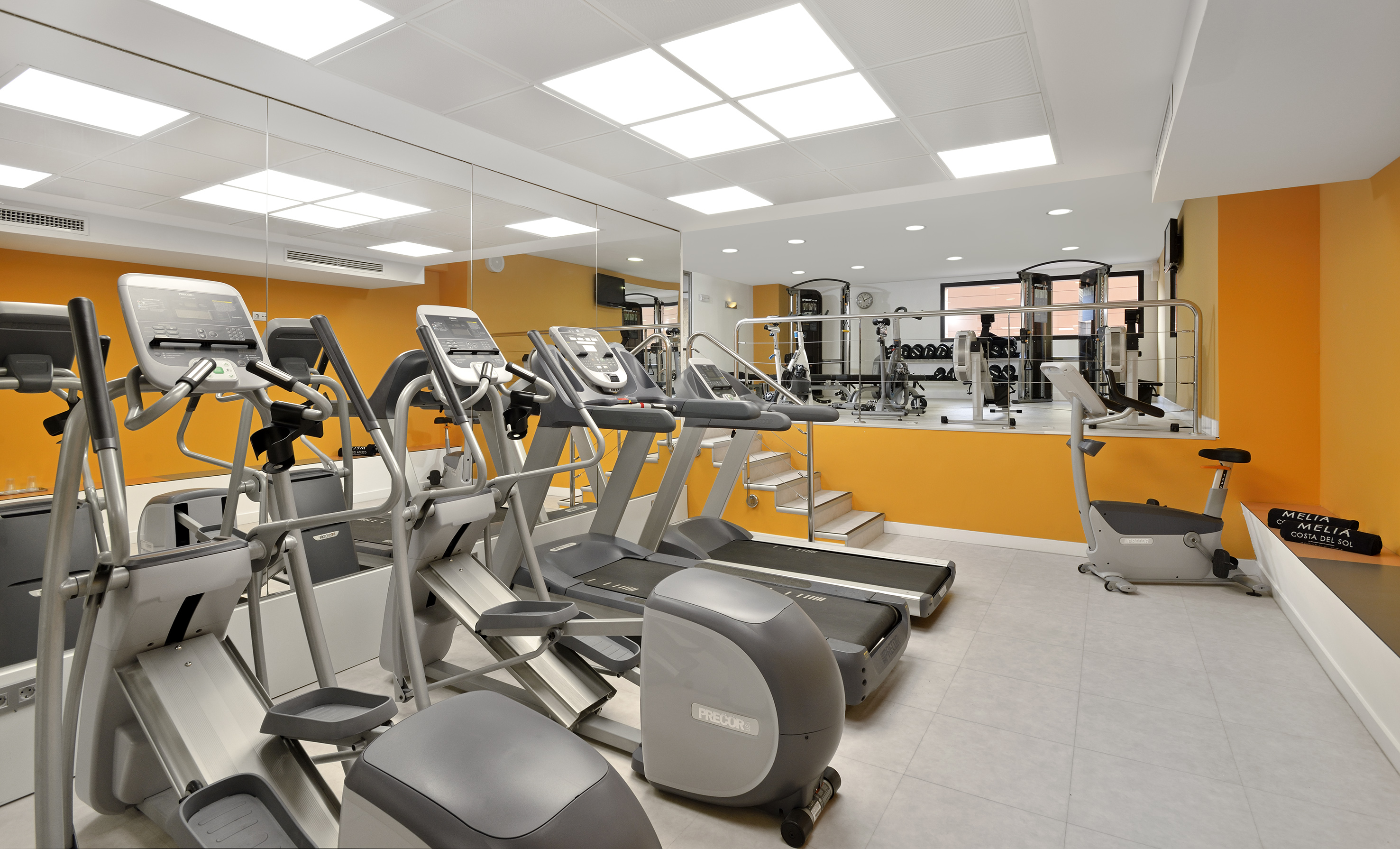 Bright hotel gym with cardio machines, treadmills, ellipticals, and exercise bikes.