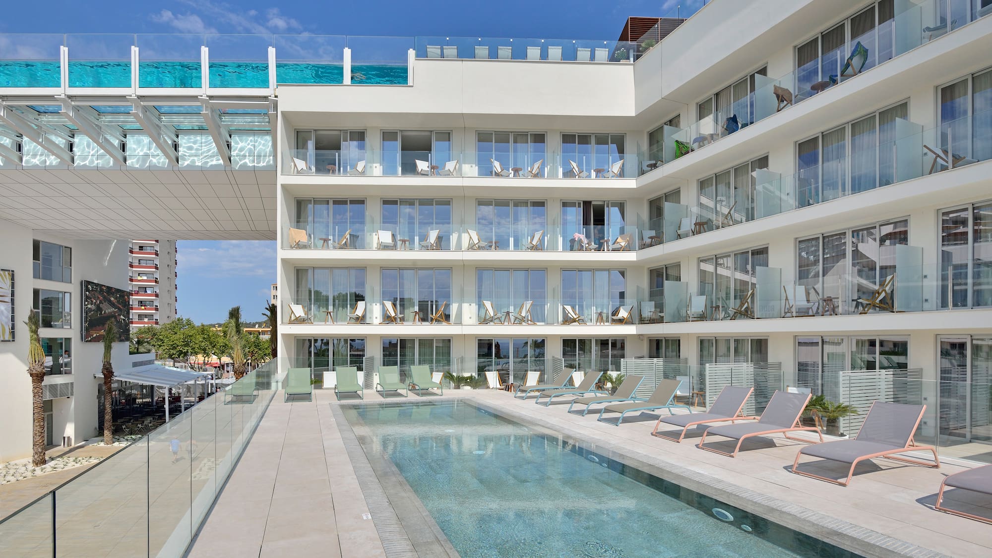 a pool in front of a building