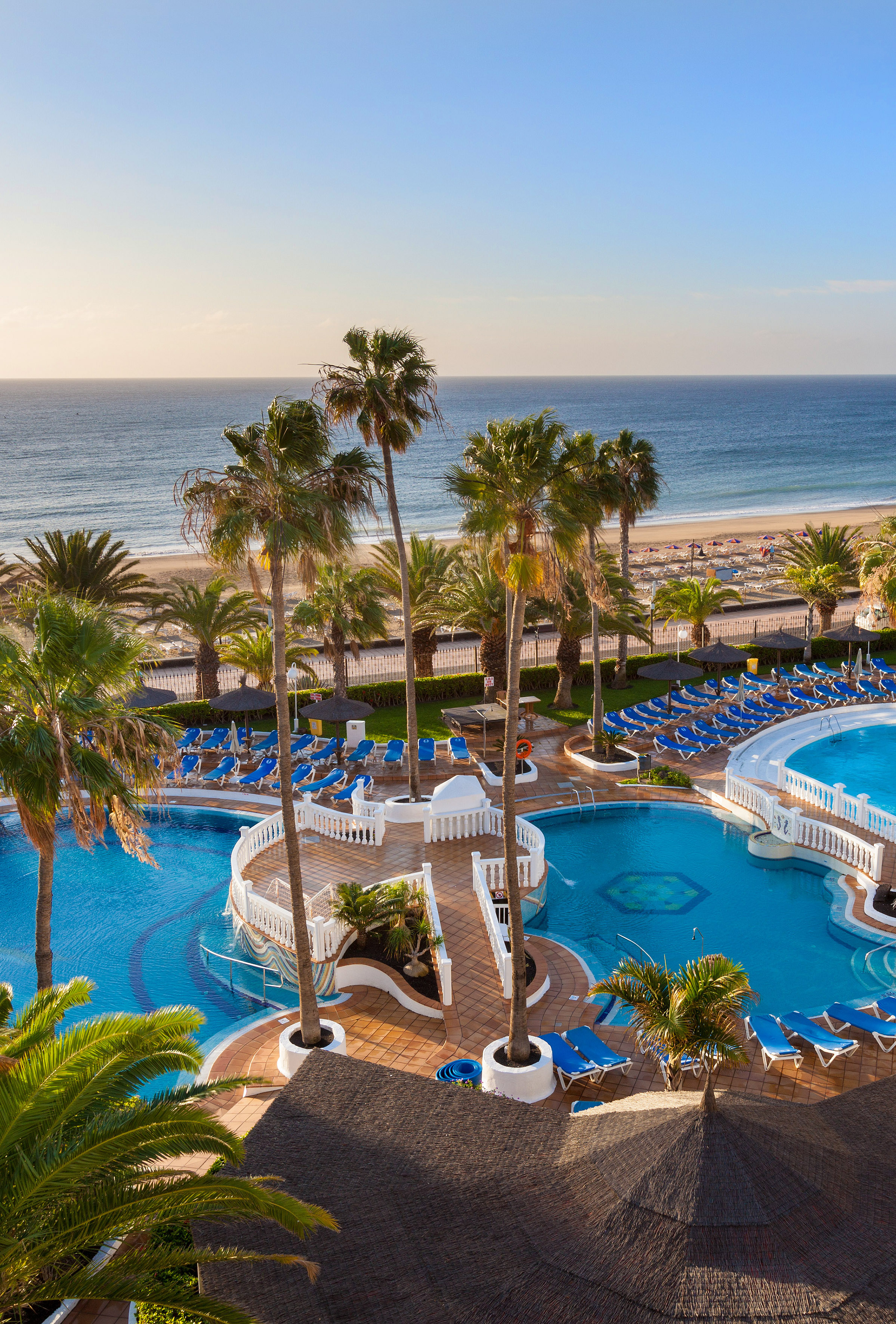 Tropical resort pools, palm trees, and beach with ocean view.