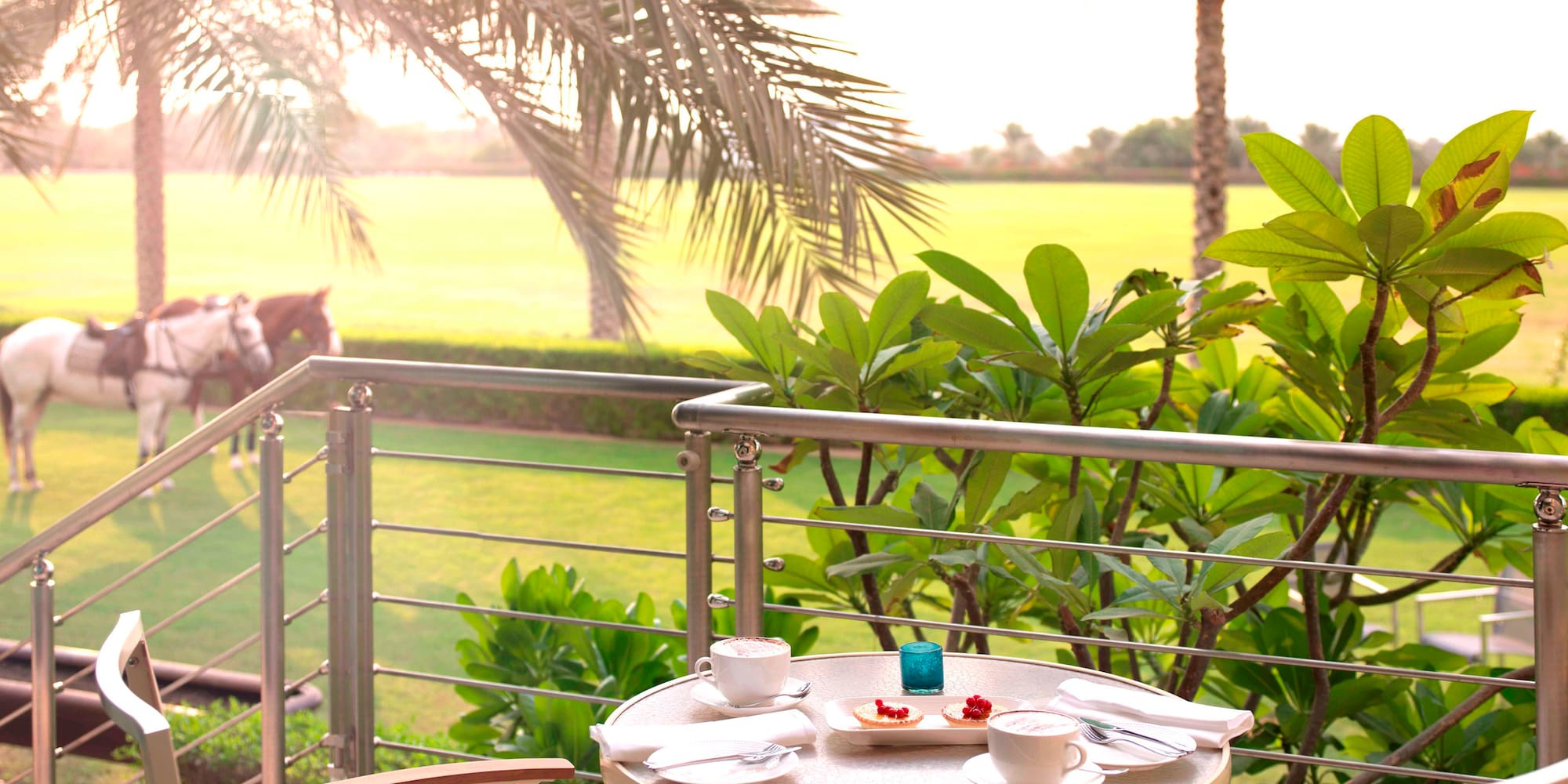 a table with food on it and a table with a fence and grass