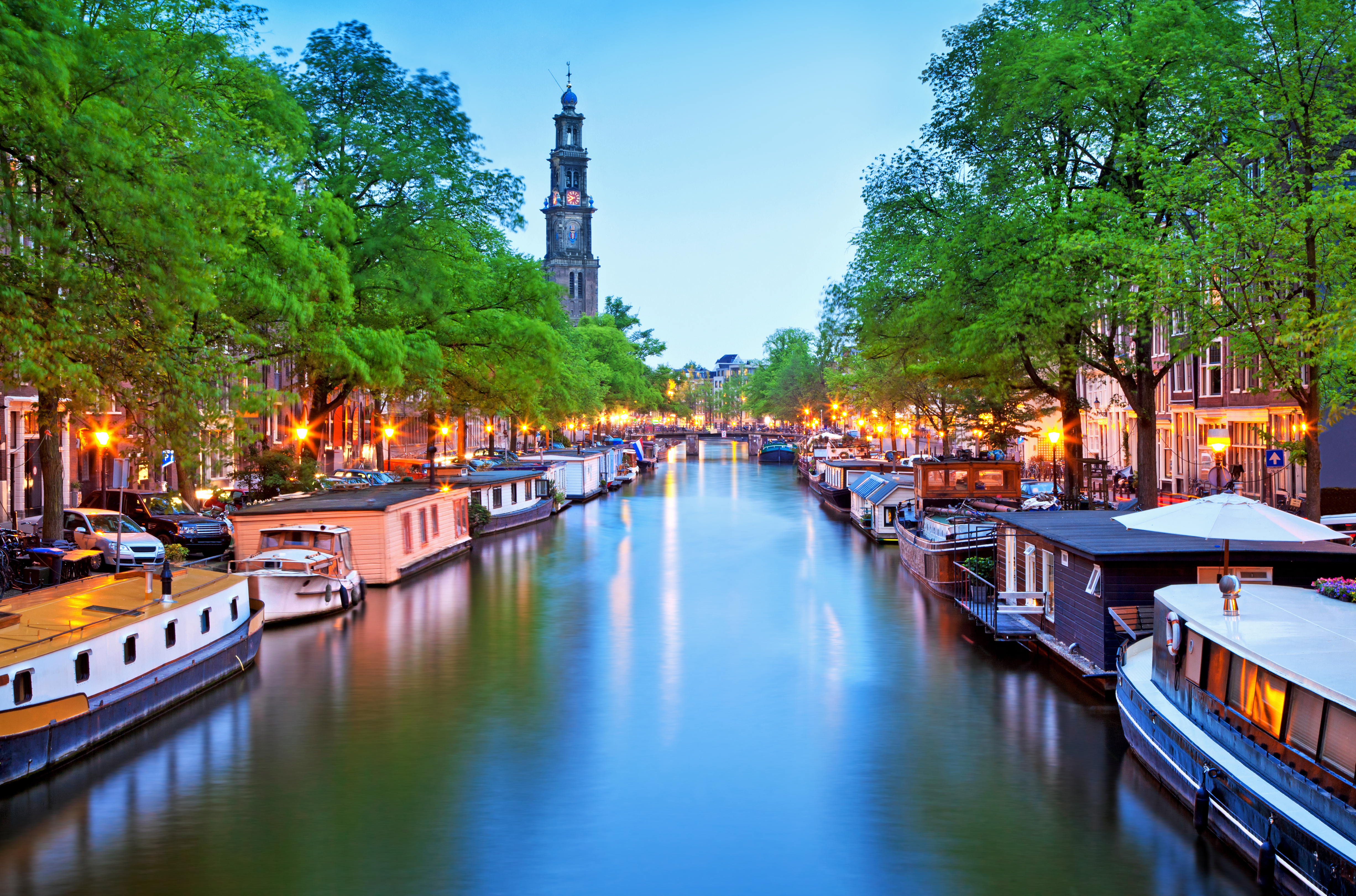 a river with boats and trees around it
