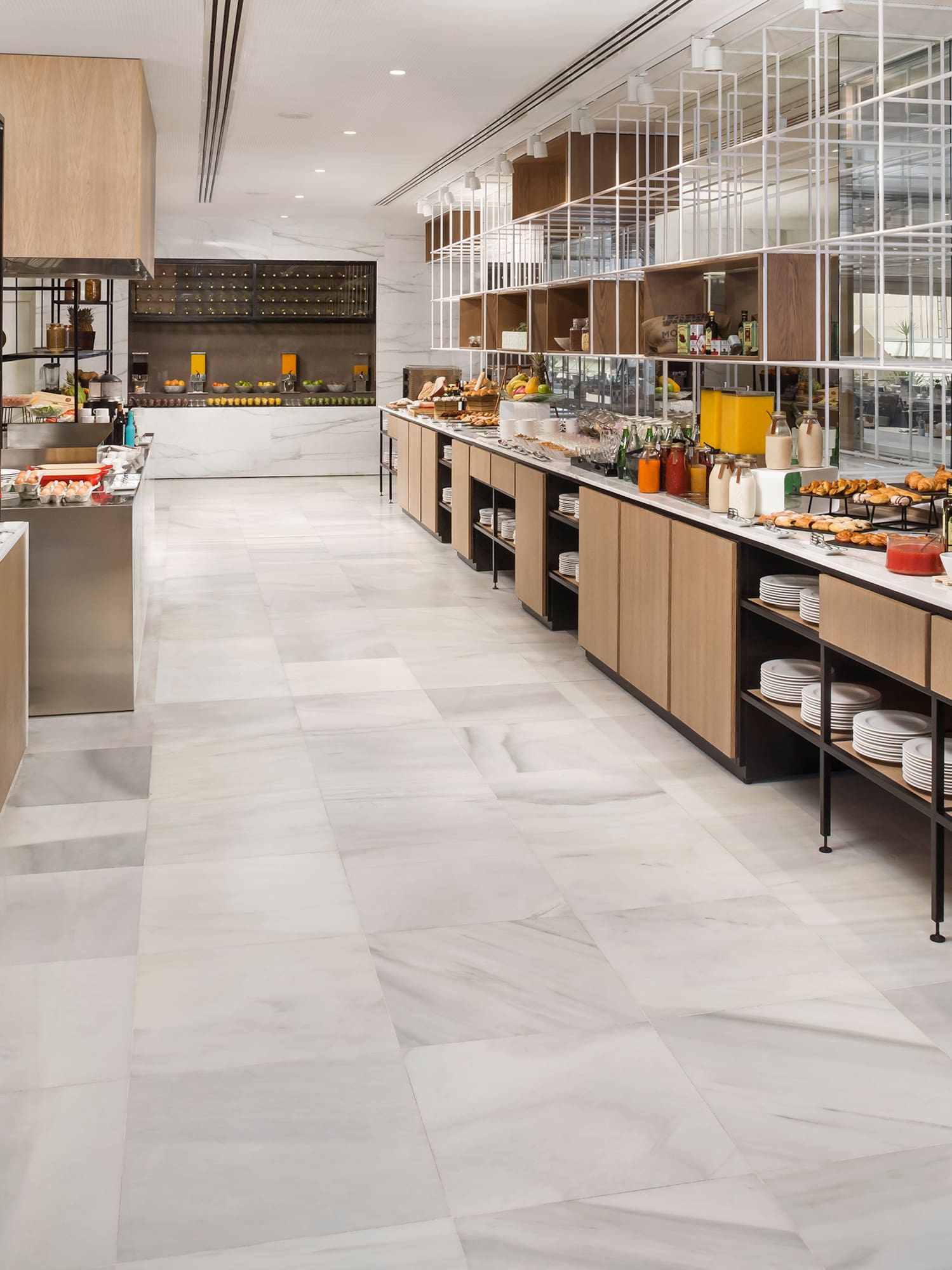 a buffet with food on shelves