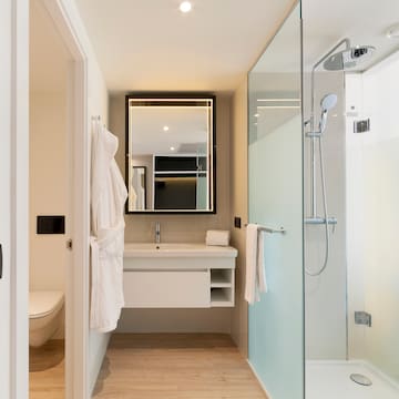 a bathroom with a glass shower and a sink