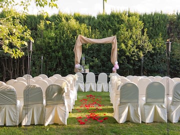 a wedding set up in a garden