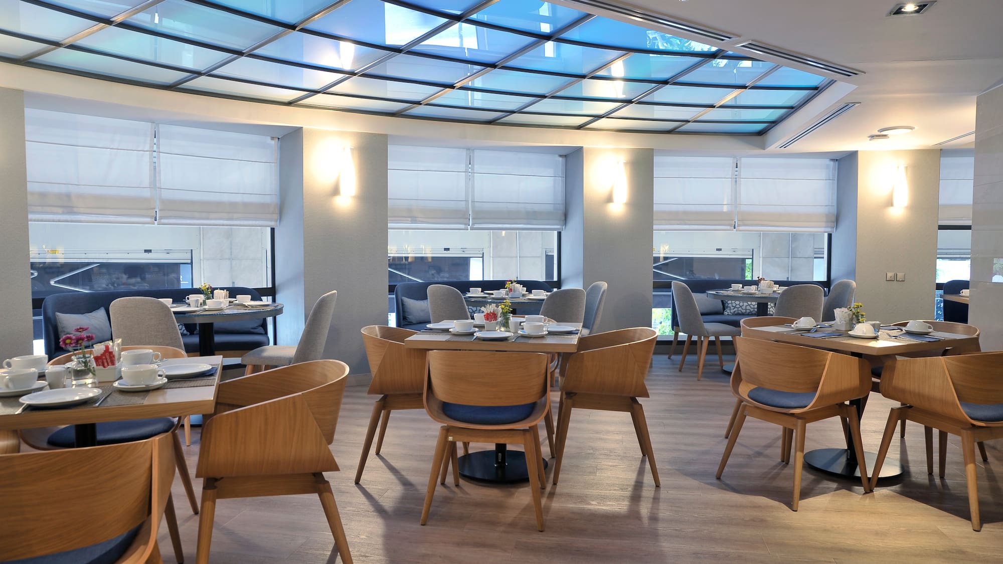 a room with tables and chairs