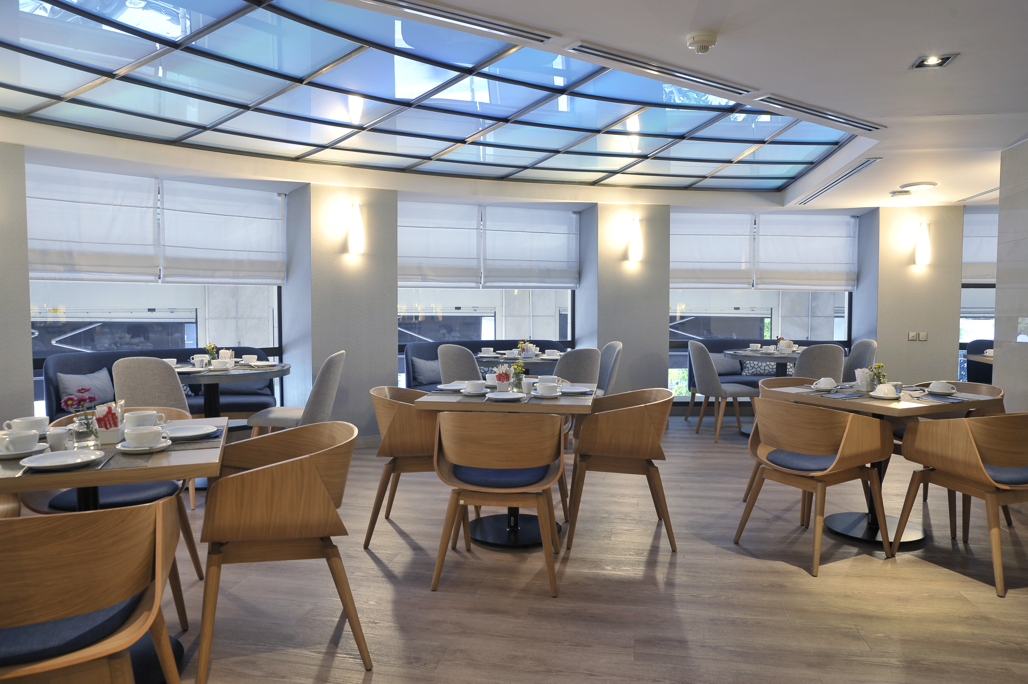 a room with tables and chairs