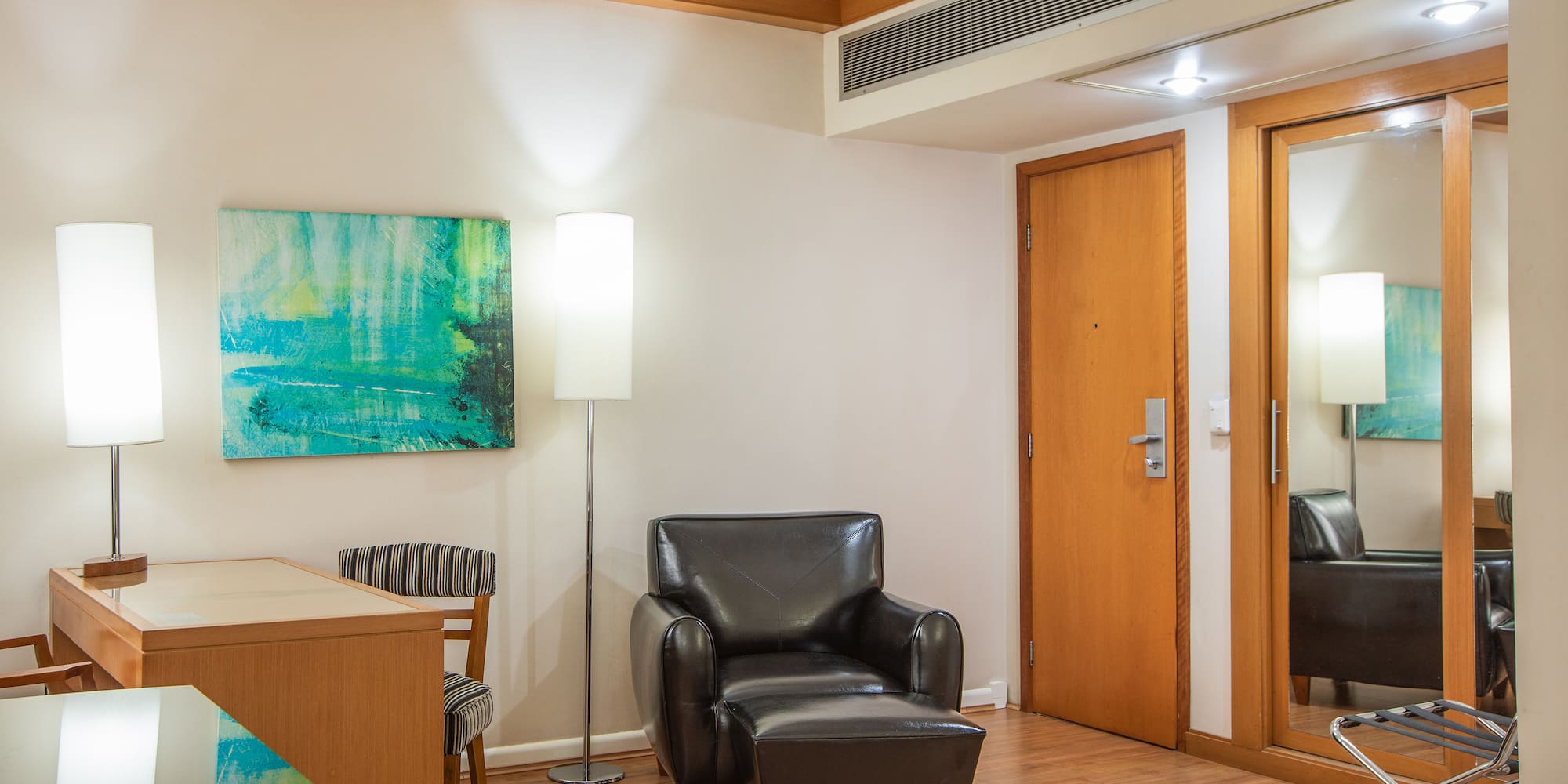 a room with a chair and a table