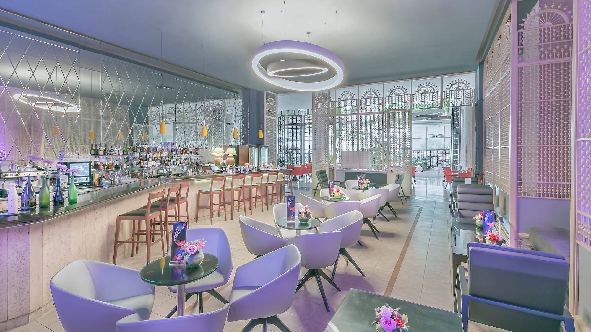 a room with tables and chairs