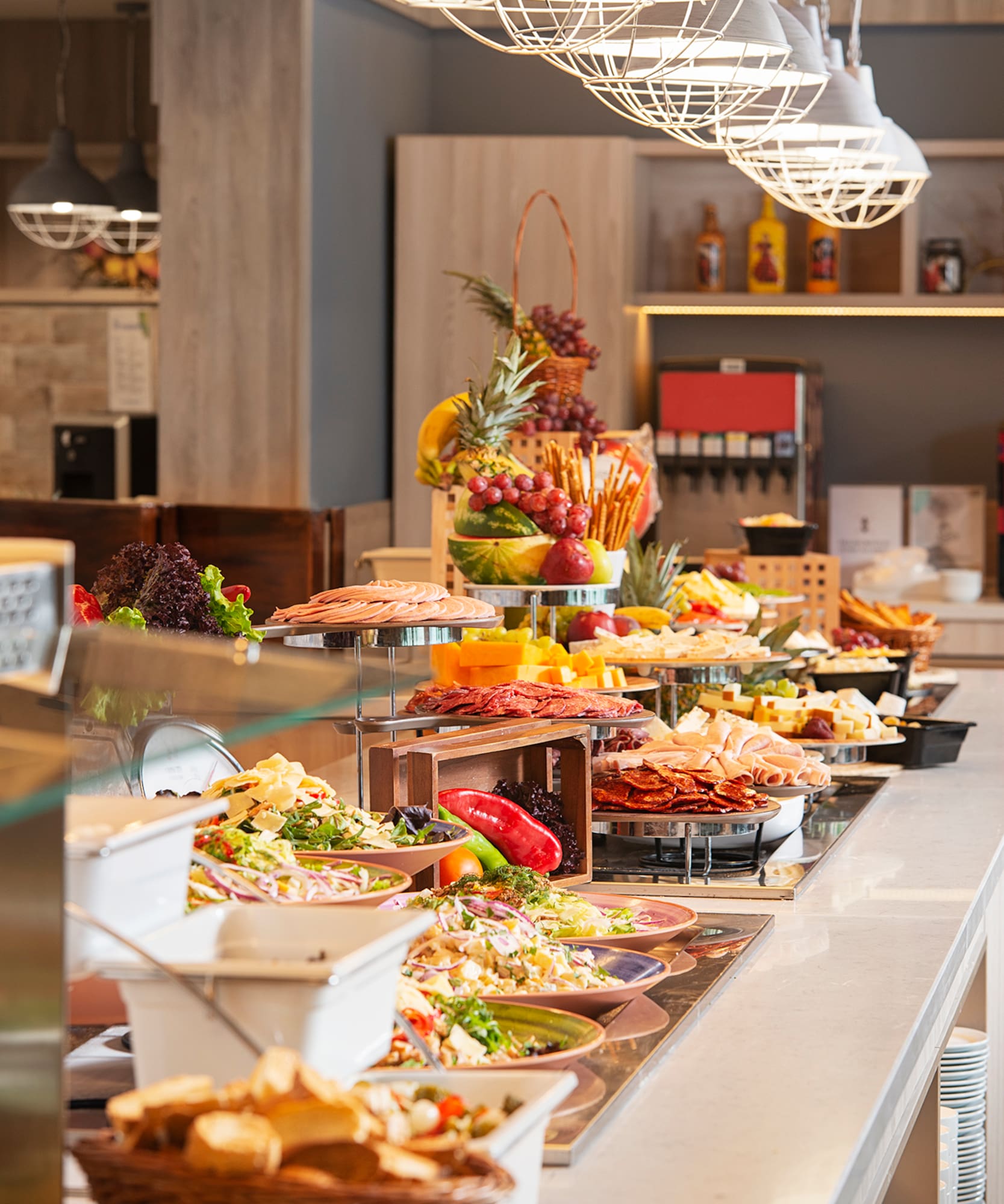 a buffet table with food on it