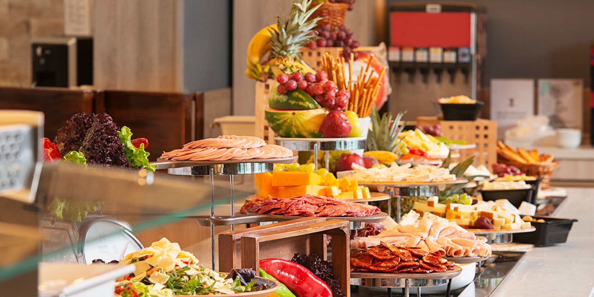 a buffet table with food on it