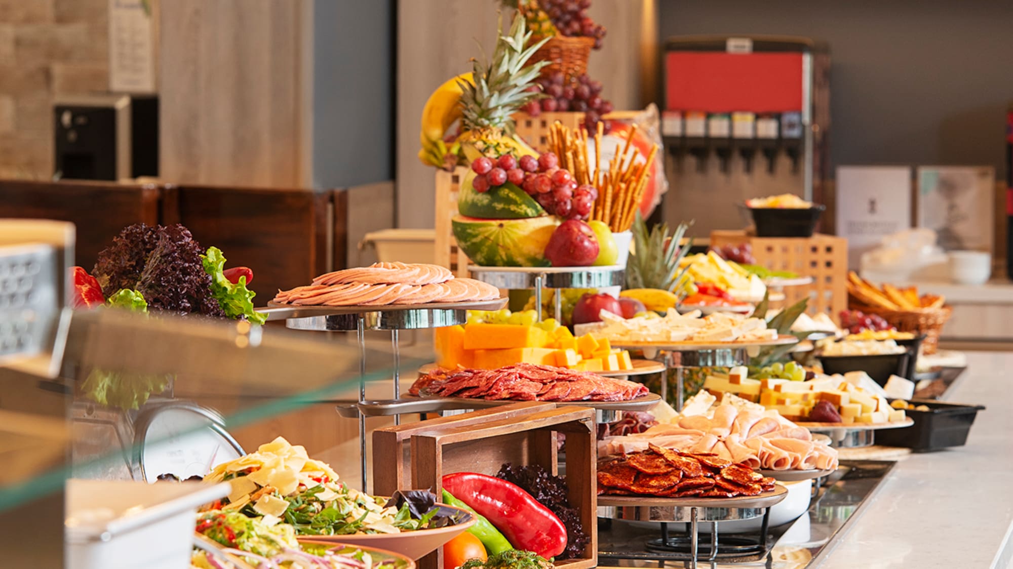a buffet table with food on it