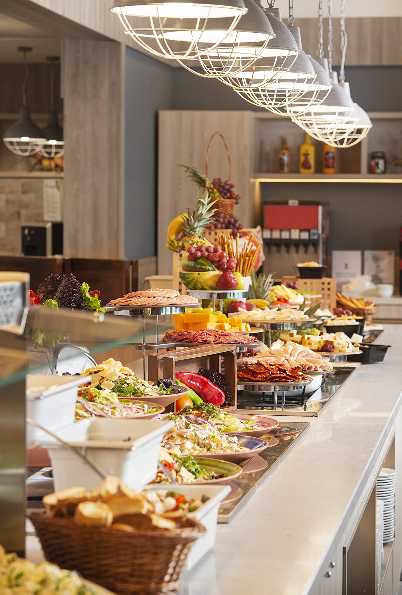 a buffet table with food on it