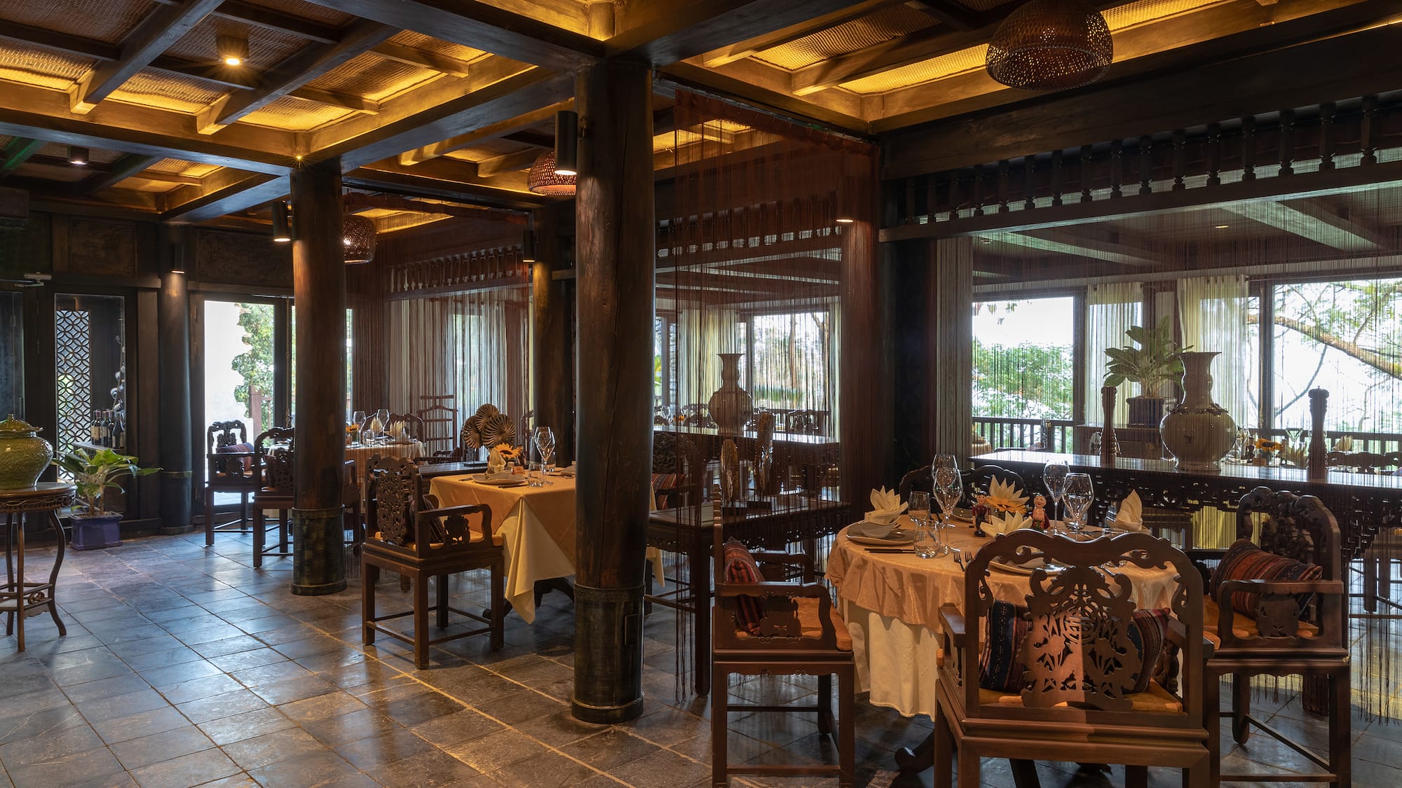 a room with tables and chairs