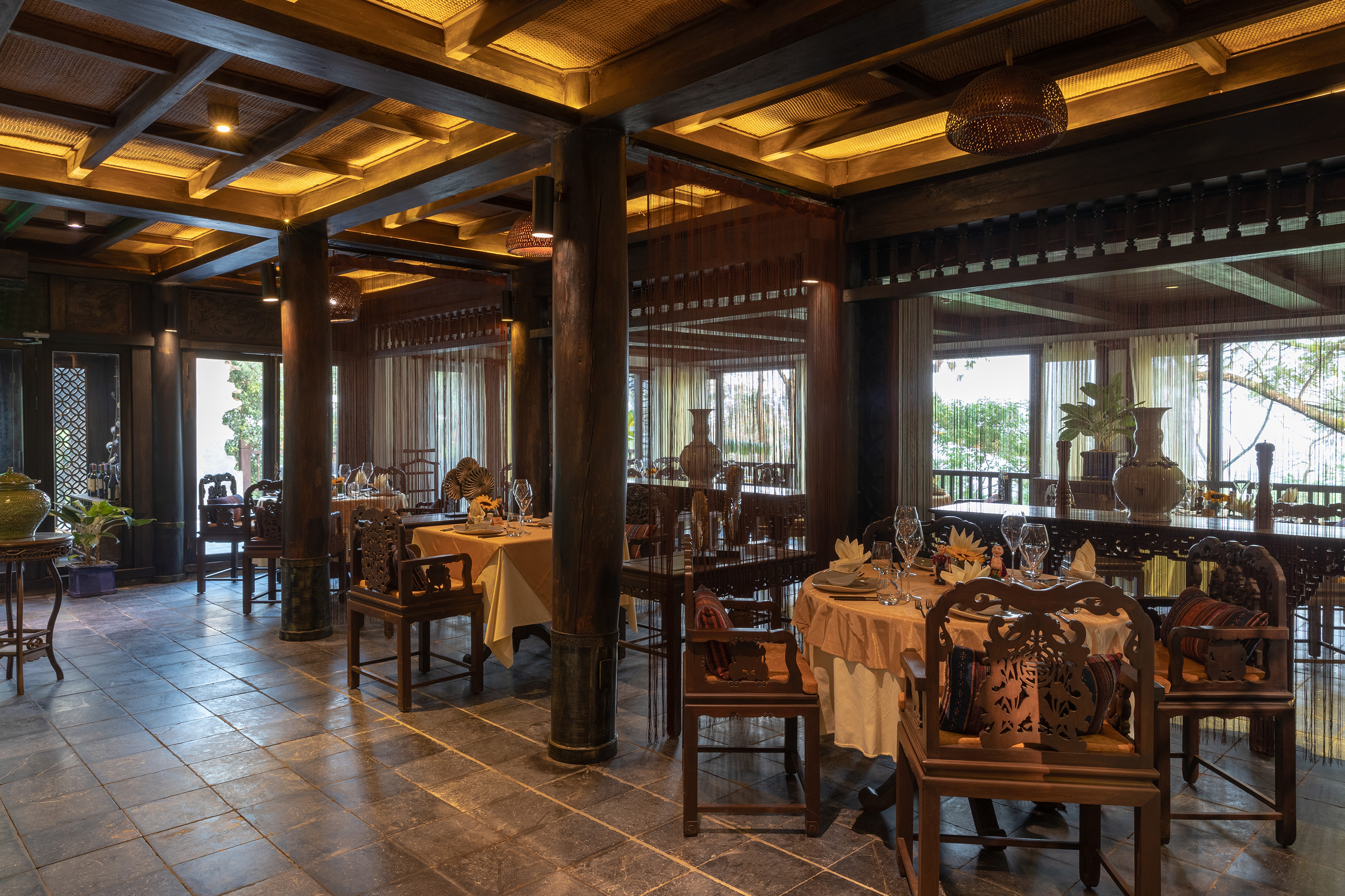 a room with tables and chairs