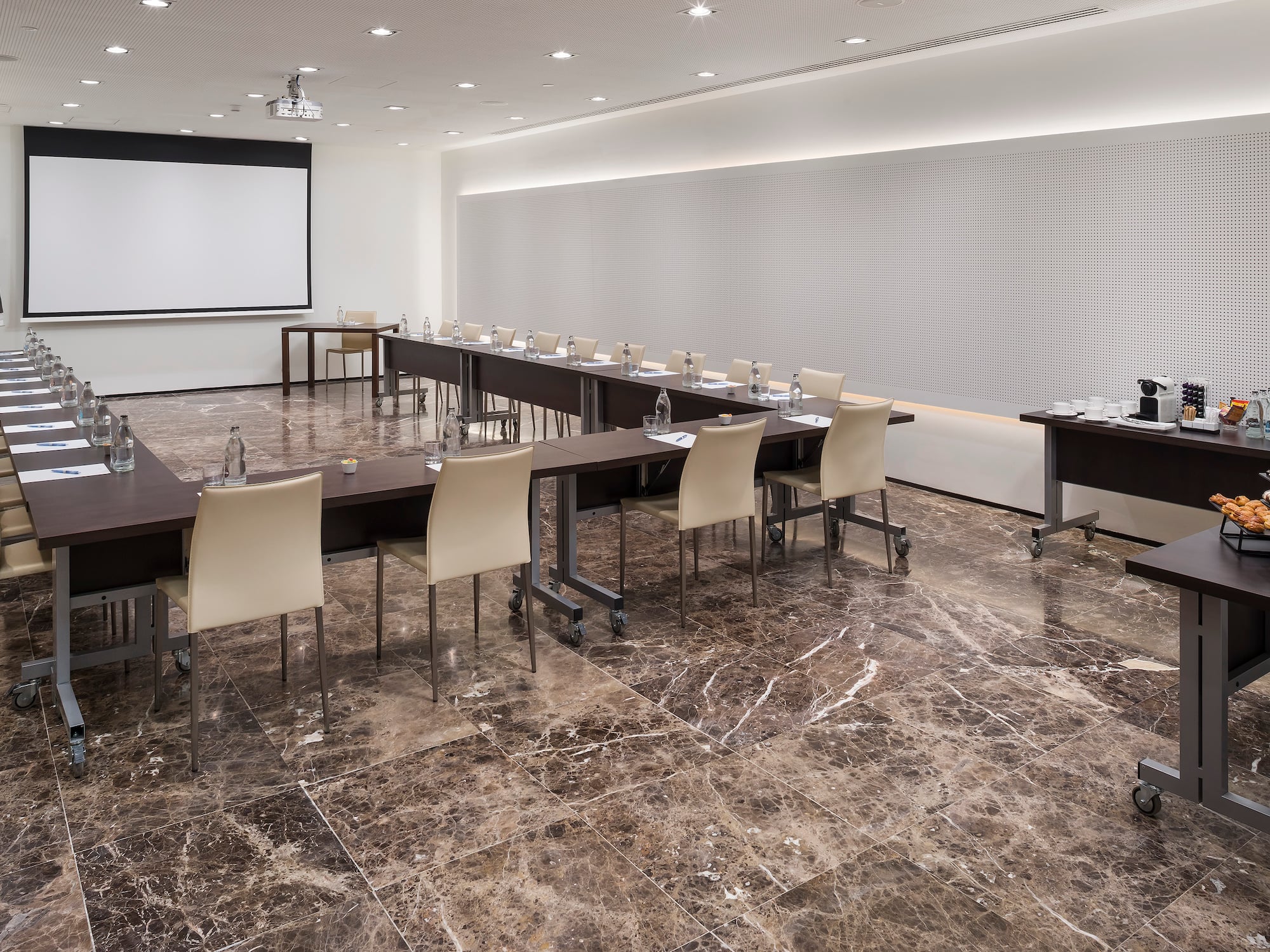 a room with tables and chairs