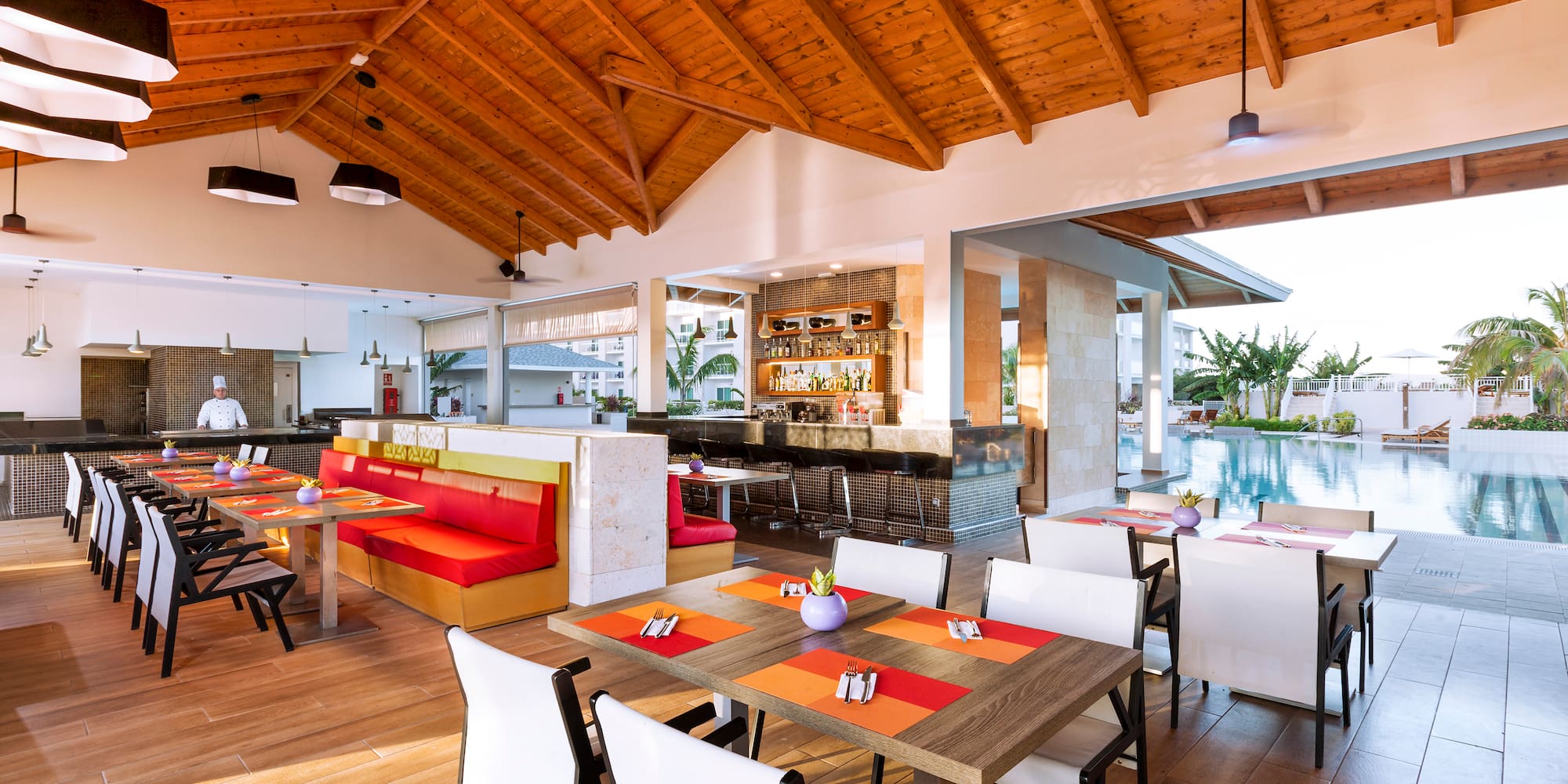 a room with tables and chairs