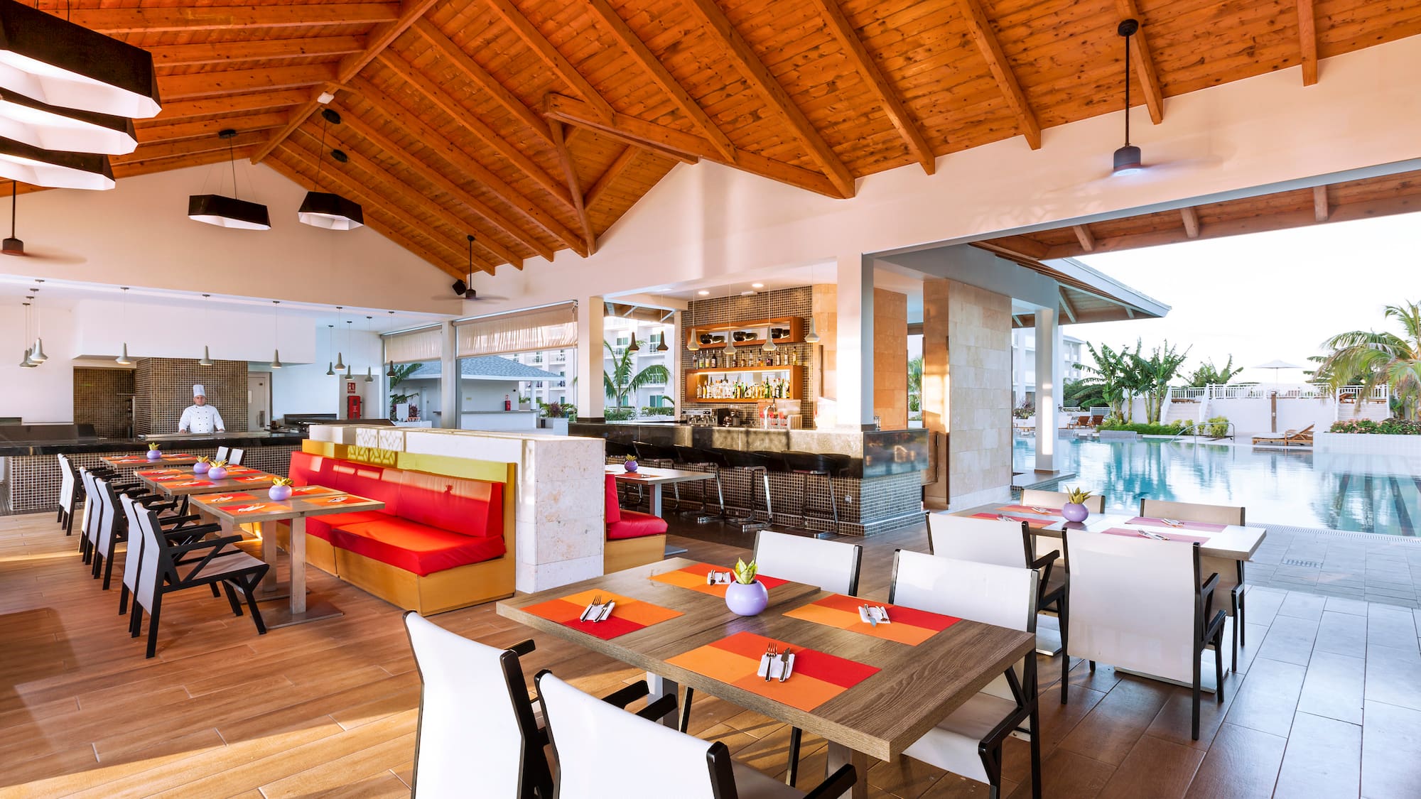 a room with tables and chairs