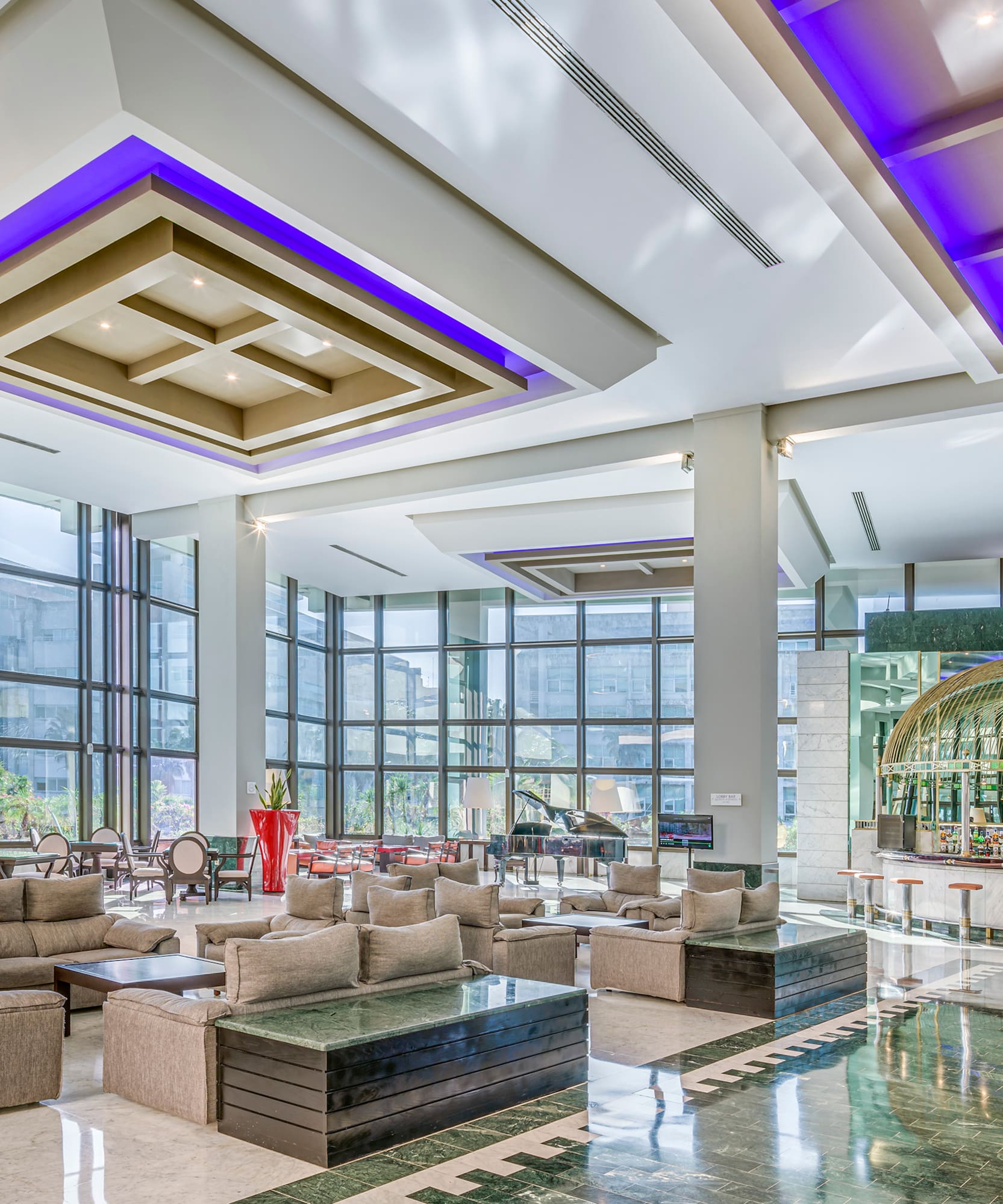 a large room with a large window