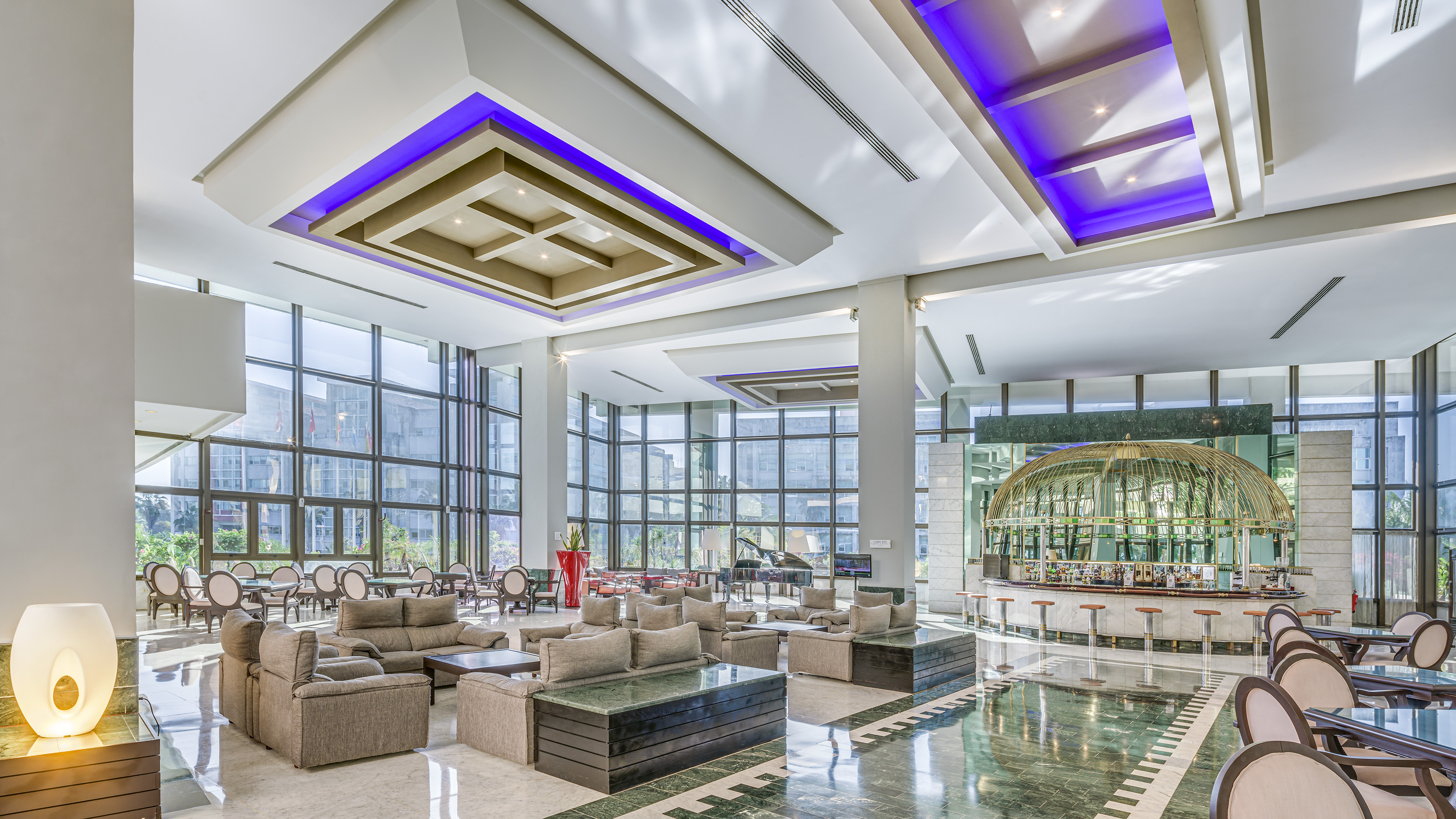 a large room with a large window