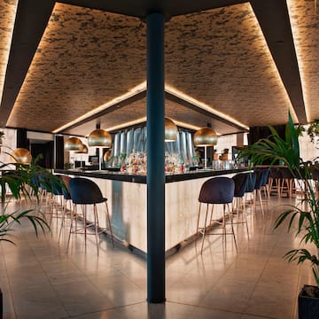 a bar with chairs and plants