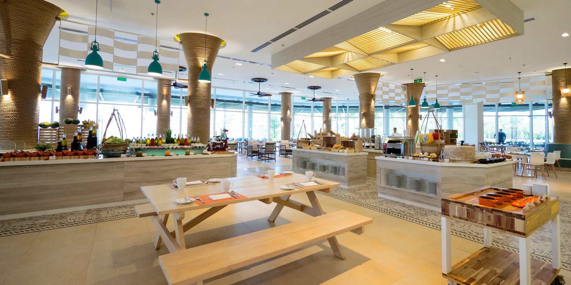 a restaurant with tables and benches