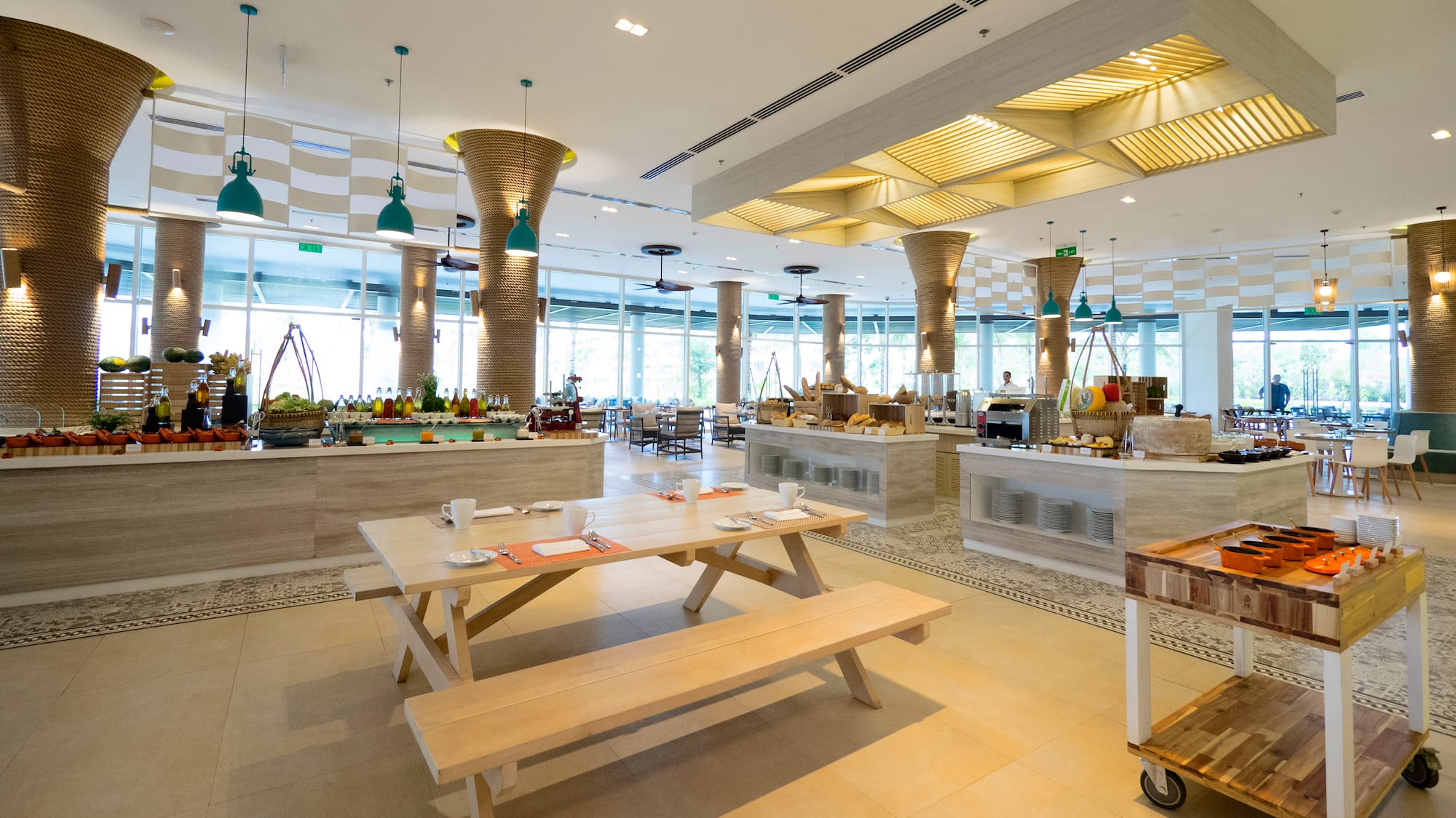 a restaurant with tables and benches