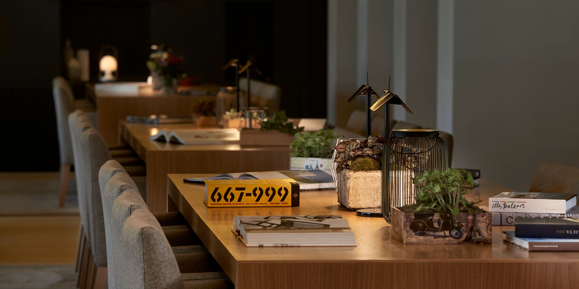 a table with plants and books