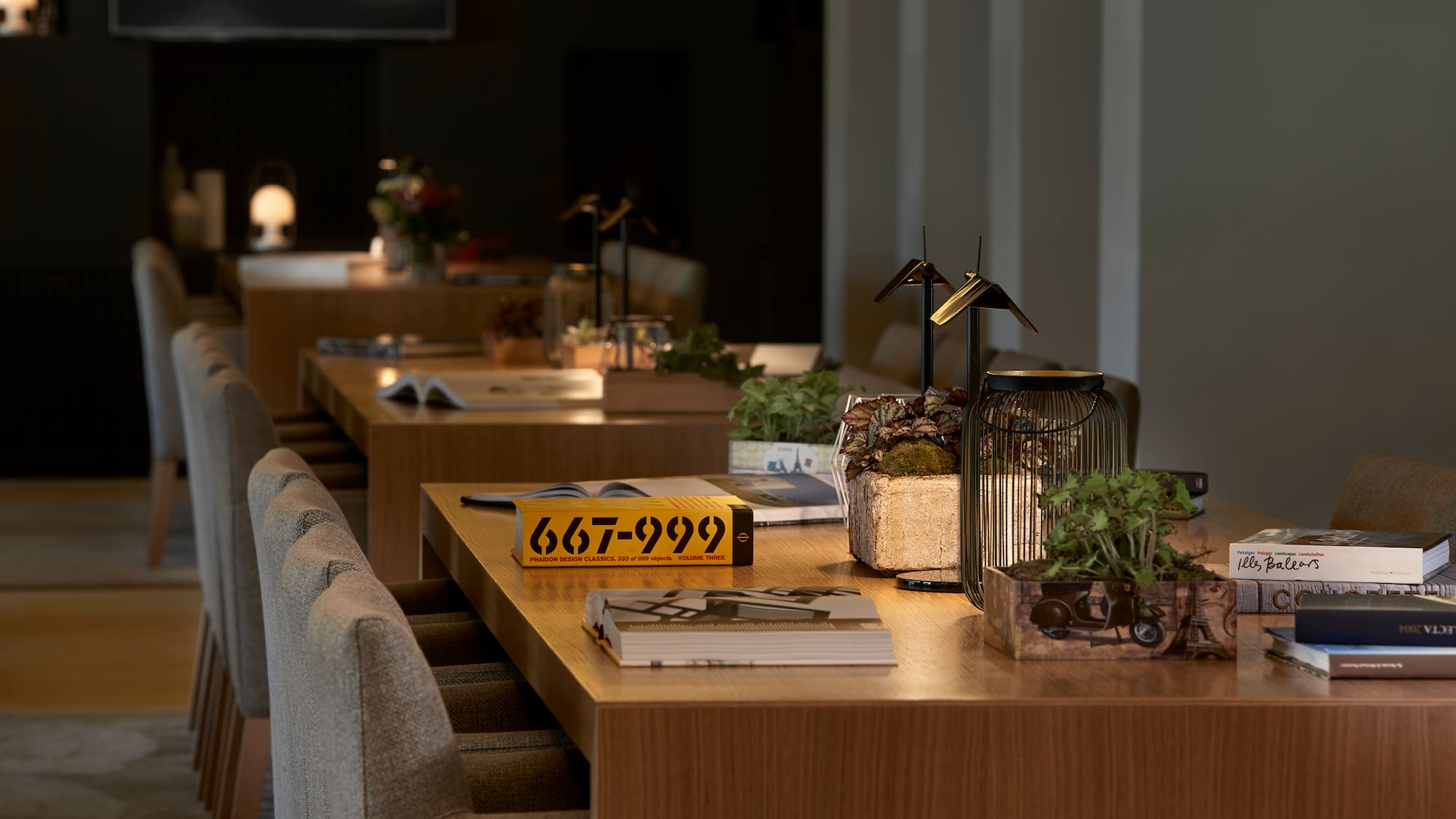 a table with plants and books