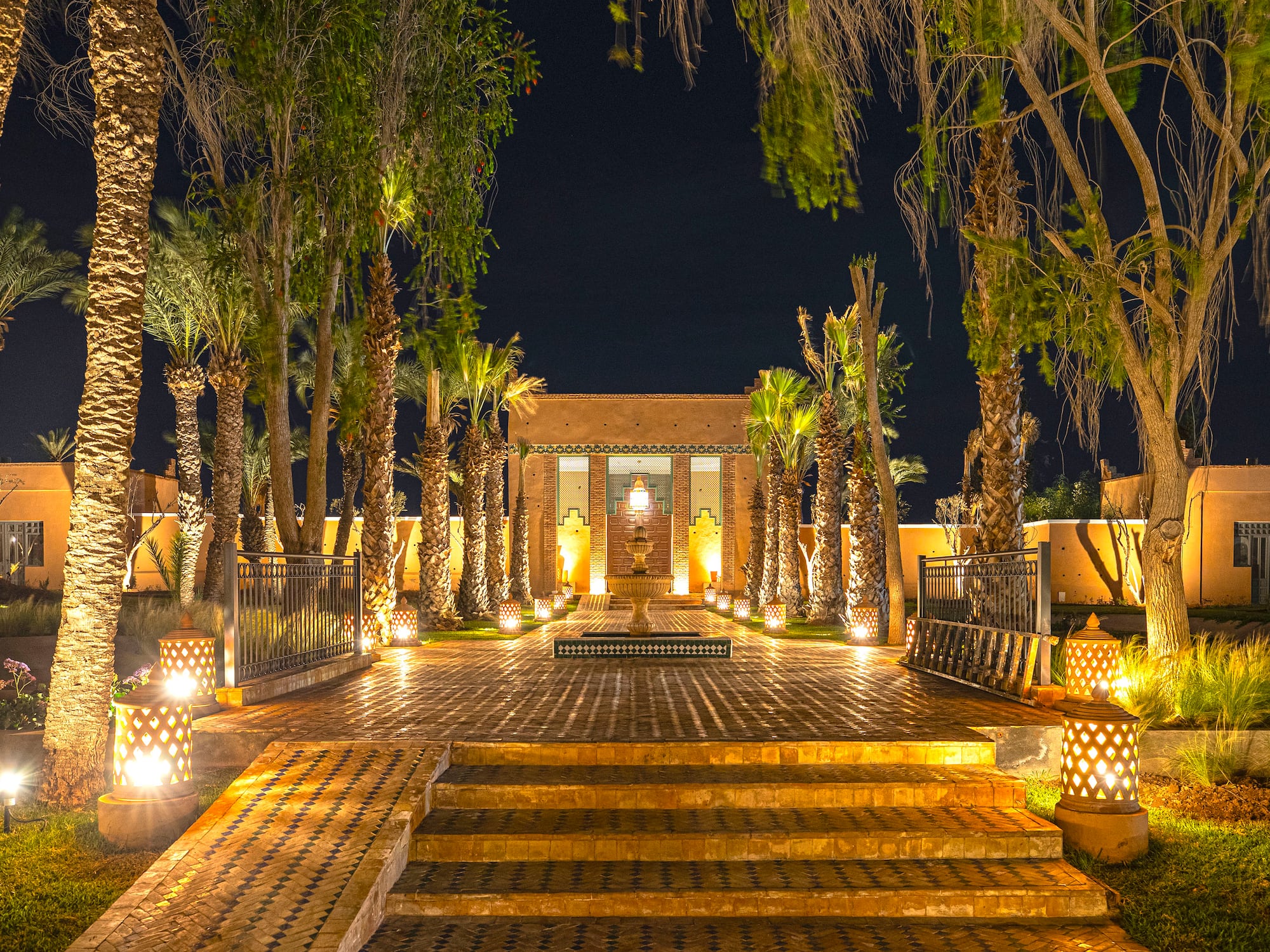 a walkway with trees and lights at night