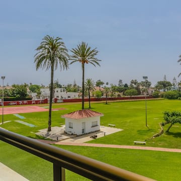 a green field with palm trees and a small building
