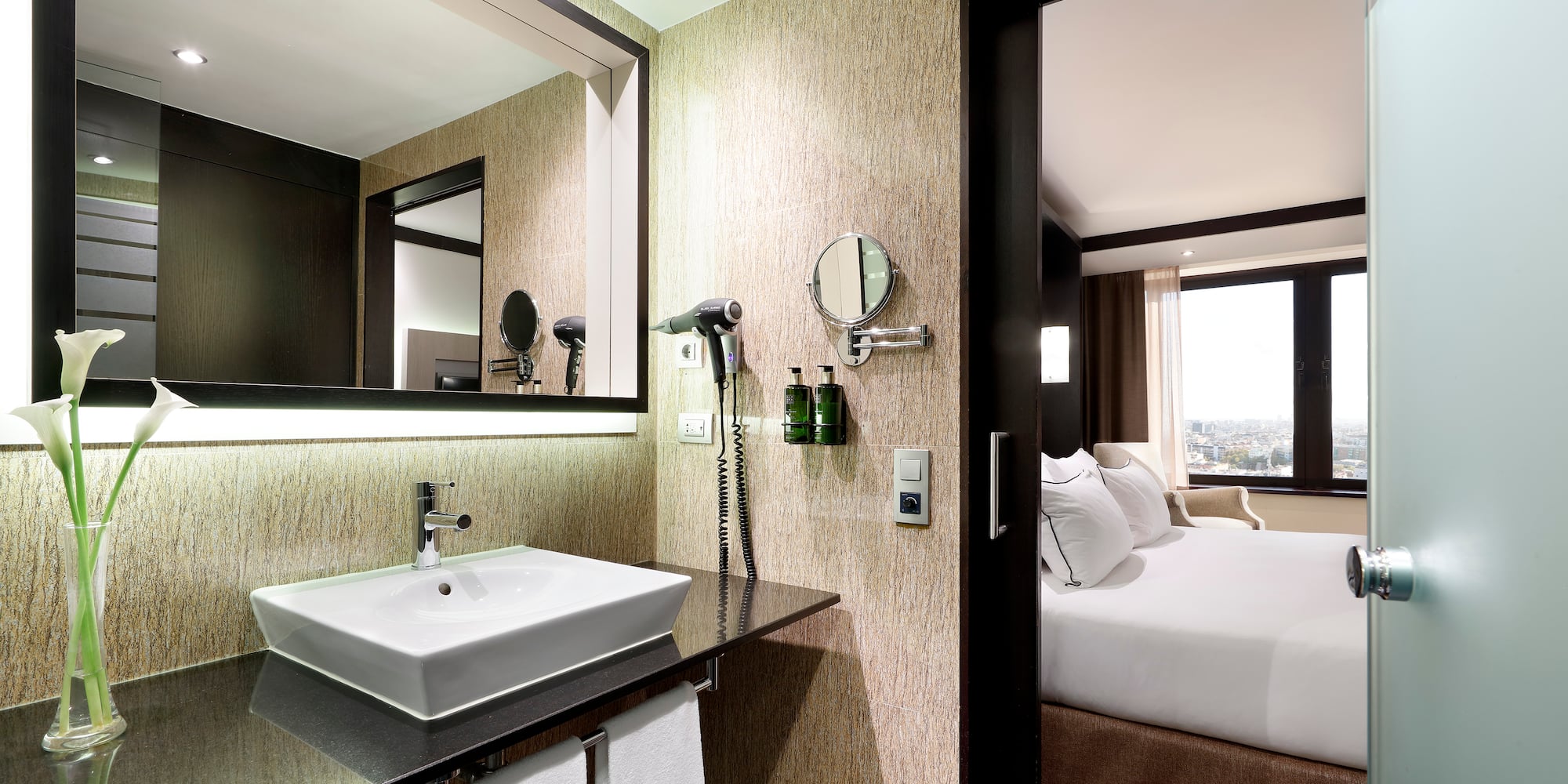 a bathroom with a mirror and a sink