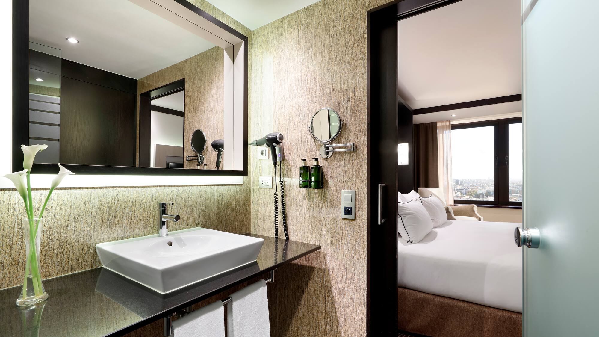 a bathroom with a mirror and a sink