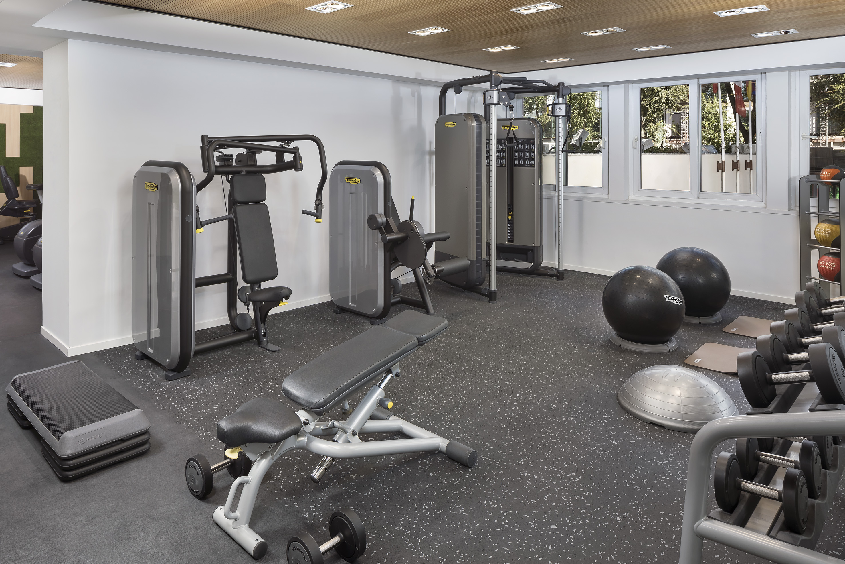 Modern gym with Technogym machines, free weights, and exercise balls.