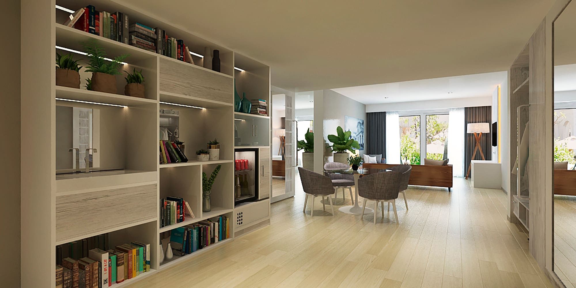 a room with a dining table and bookshelves