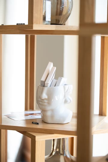 a white head shaped object with books inside