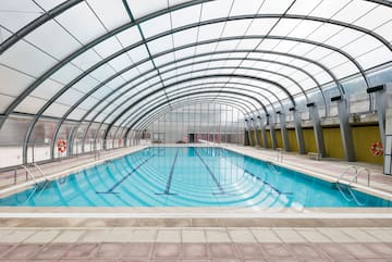 a swimming pool inside a building