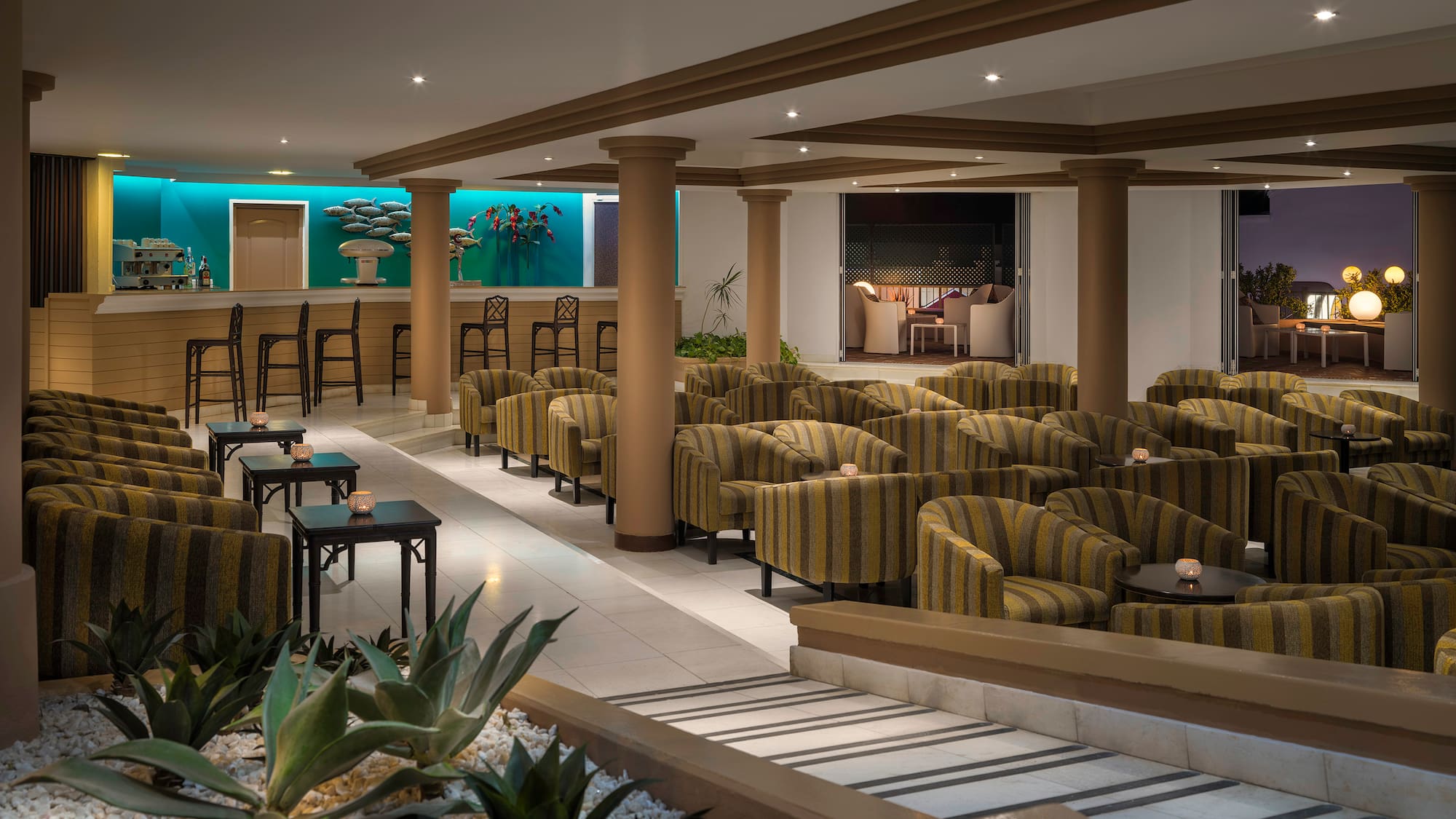 a room with chairs and tables