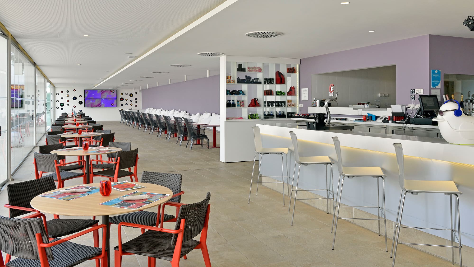 a room with tables and chairs