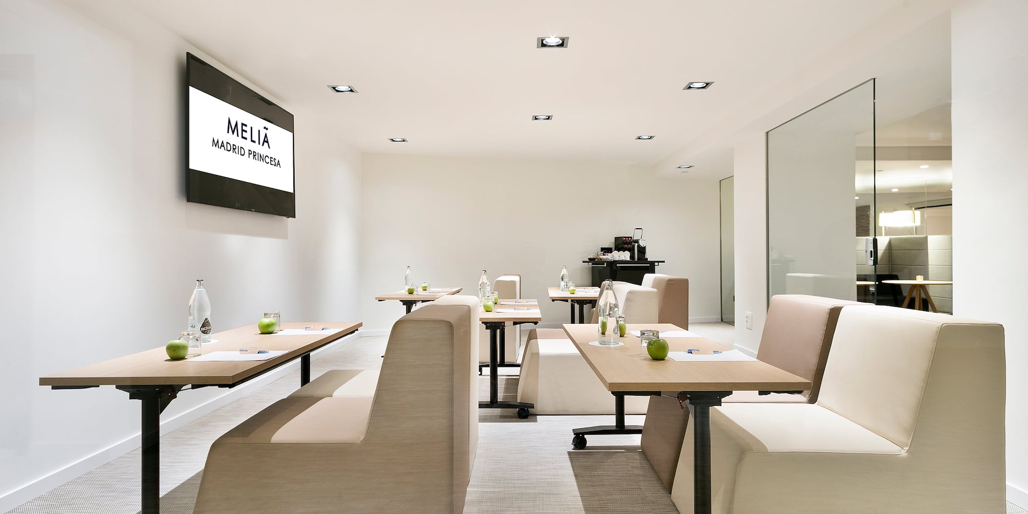 a room with tables and chairs