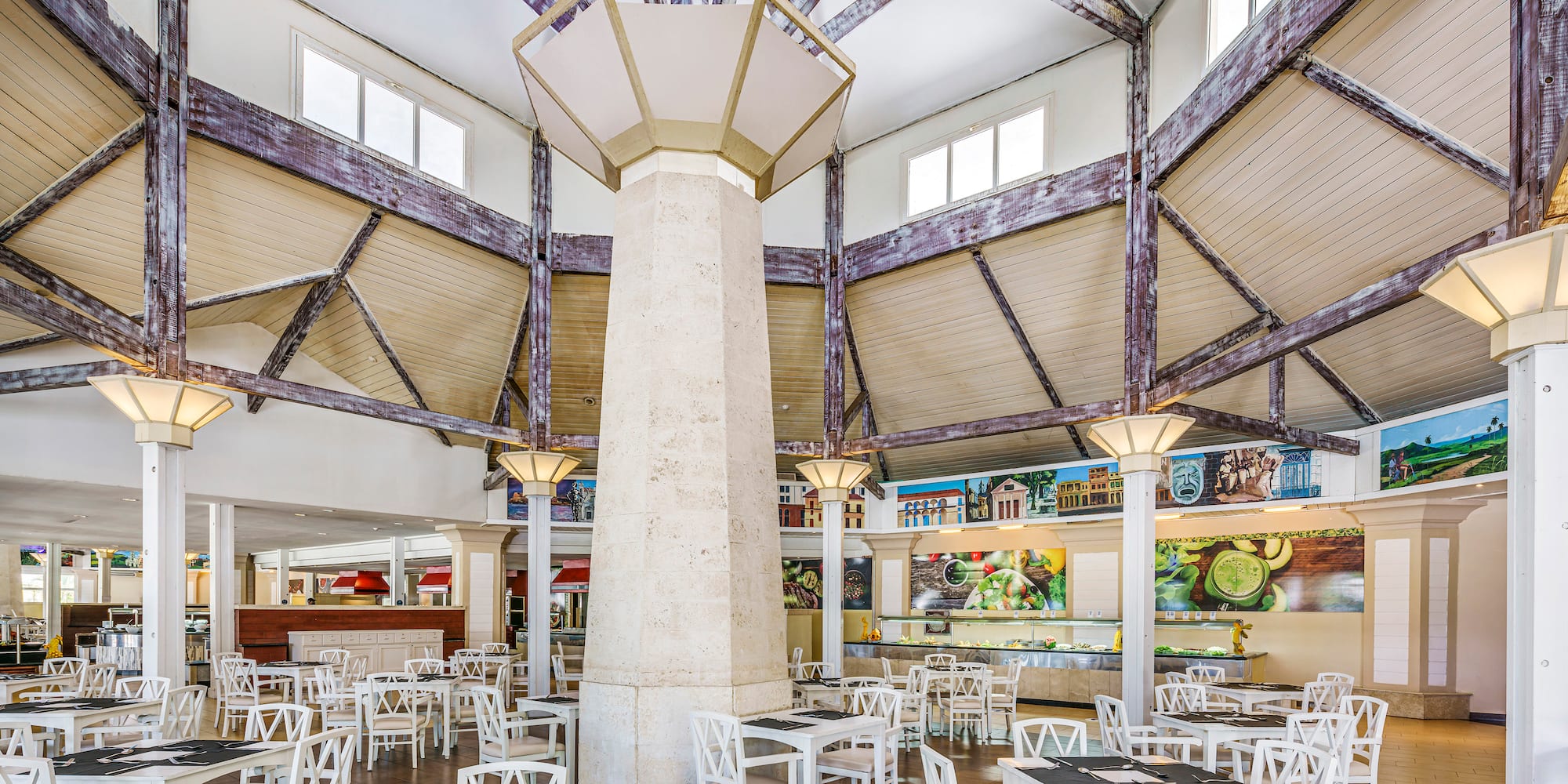 a large room with tables and chairs
