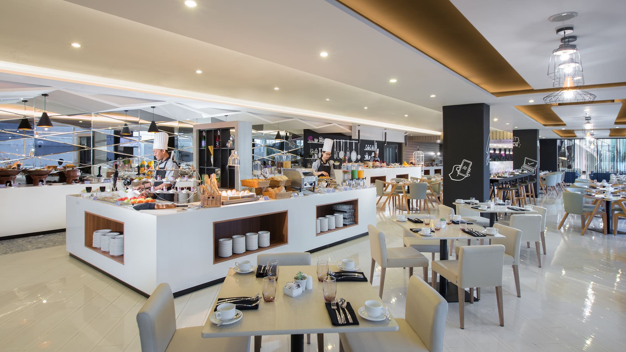 a restaurant with a chef cooking