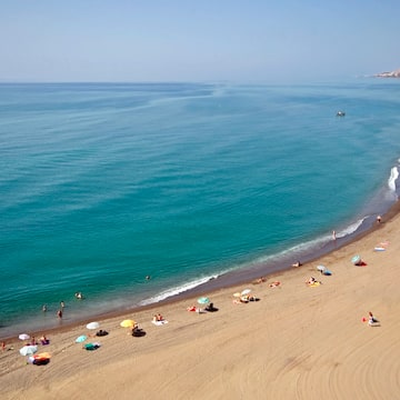 a beach with people and umbrellas