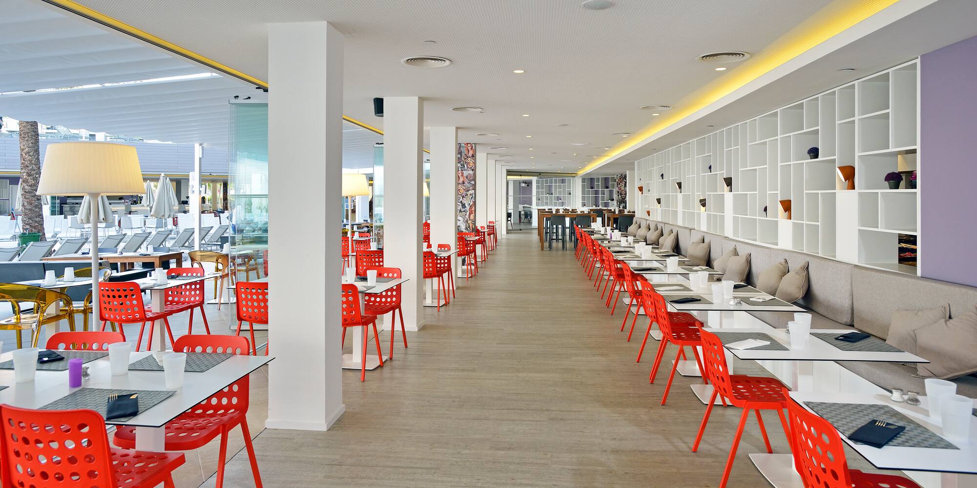 a room with tables and chairs