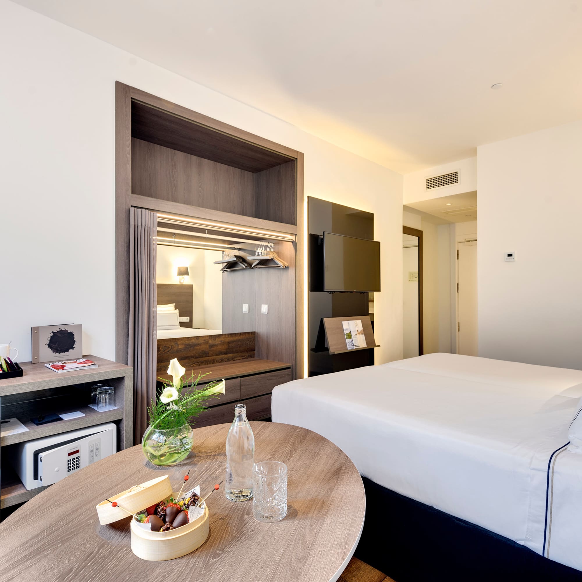 a room with a bed and a table